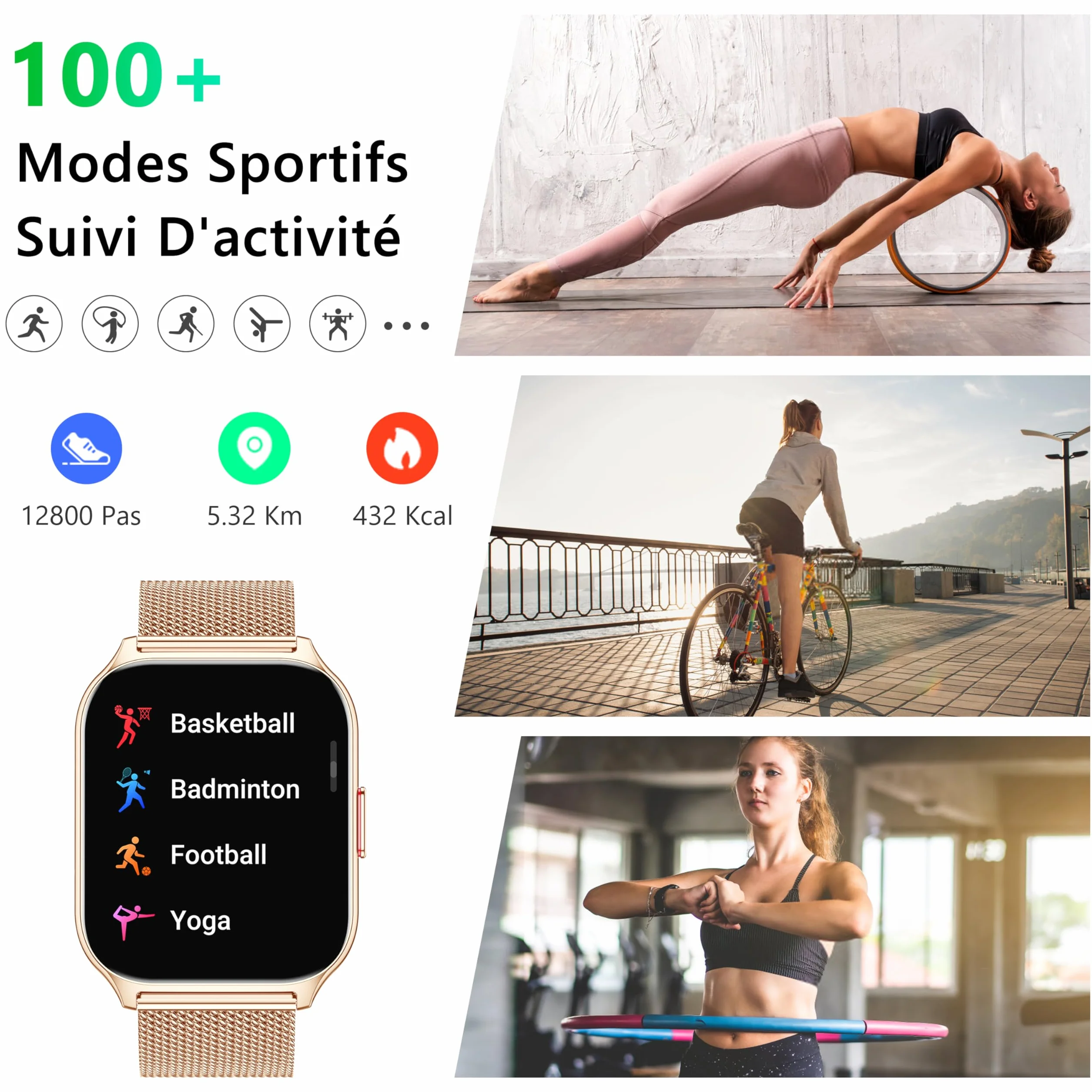 Montre Connectée Femme Homme avec Appel Bluetooth 2,0" HD Smartwatch 100+ Sportifs Moniteur de Sommeil Cardiofréquencemètre Tension Artérielle SpO2 Montre Podometre pour iOS Android