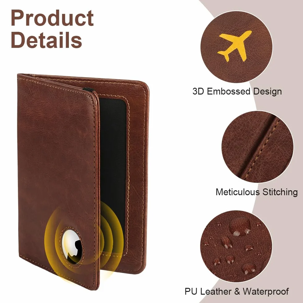 Porte-Passeport Anti-RFID en Cuir PU Marron pour Documents de Voyage et Airtag