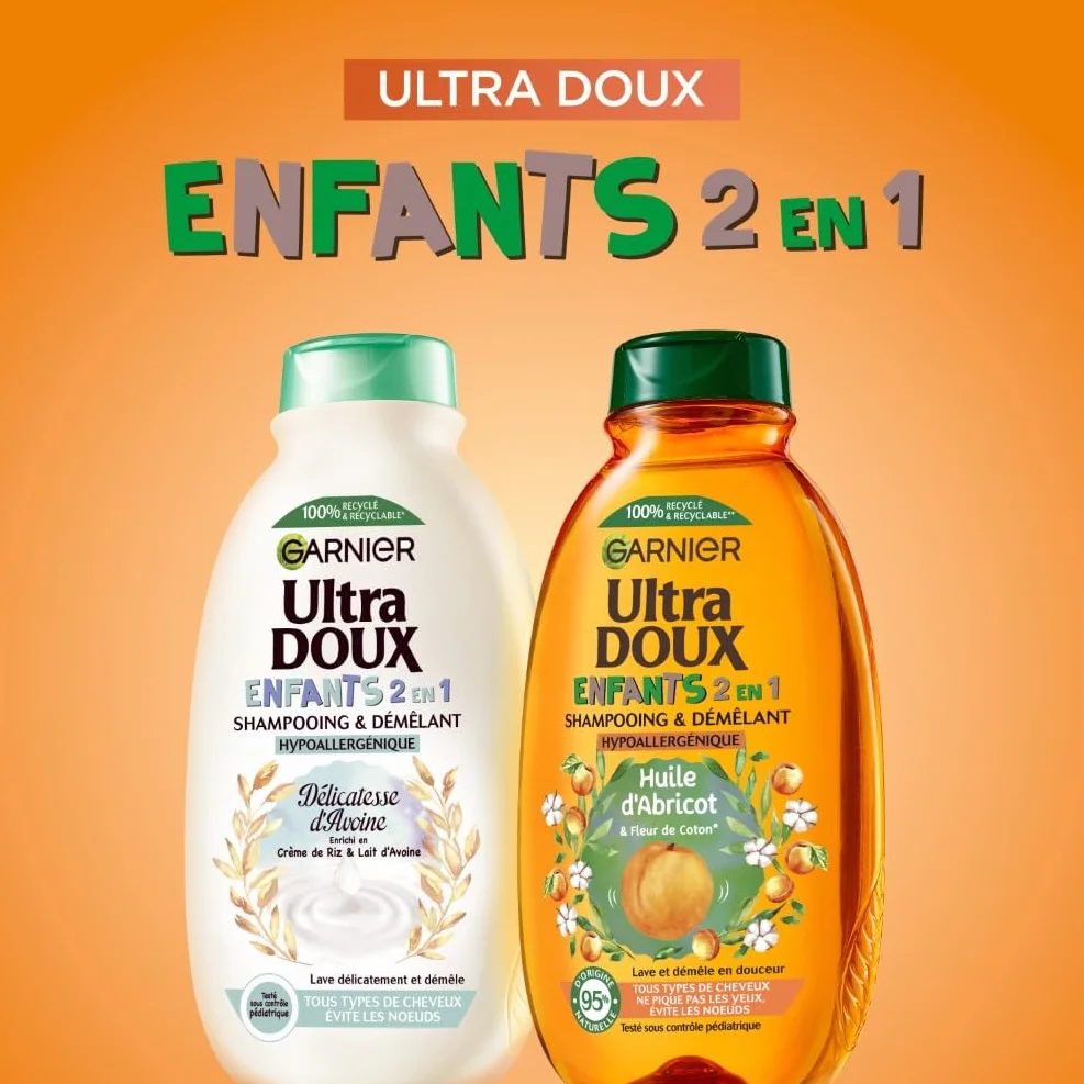 Garnier Ultra Doux Shampooing & Démêlant 2-en-1 Enfants Huile d'Abricot Fleur de Coton Hypoallergénique 400 ml