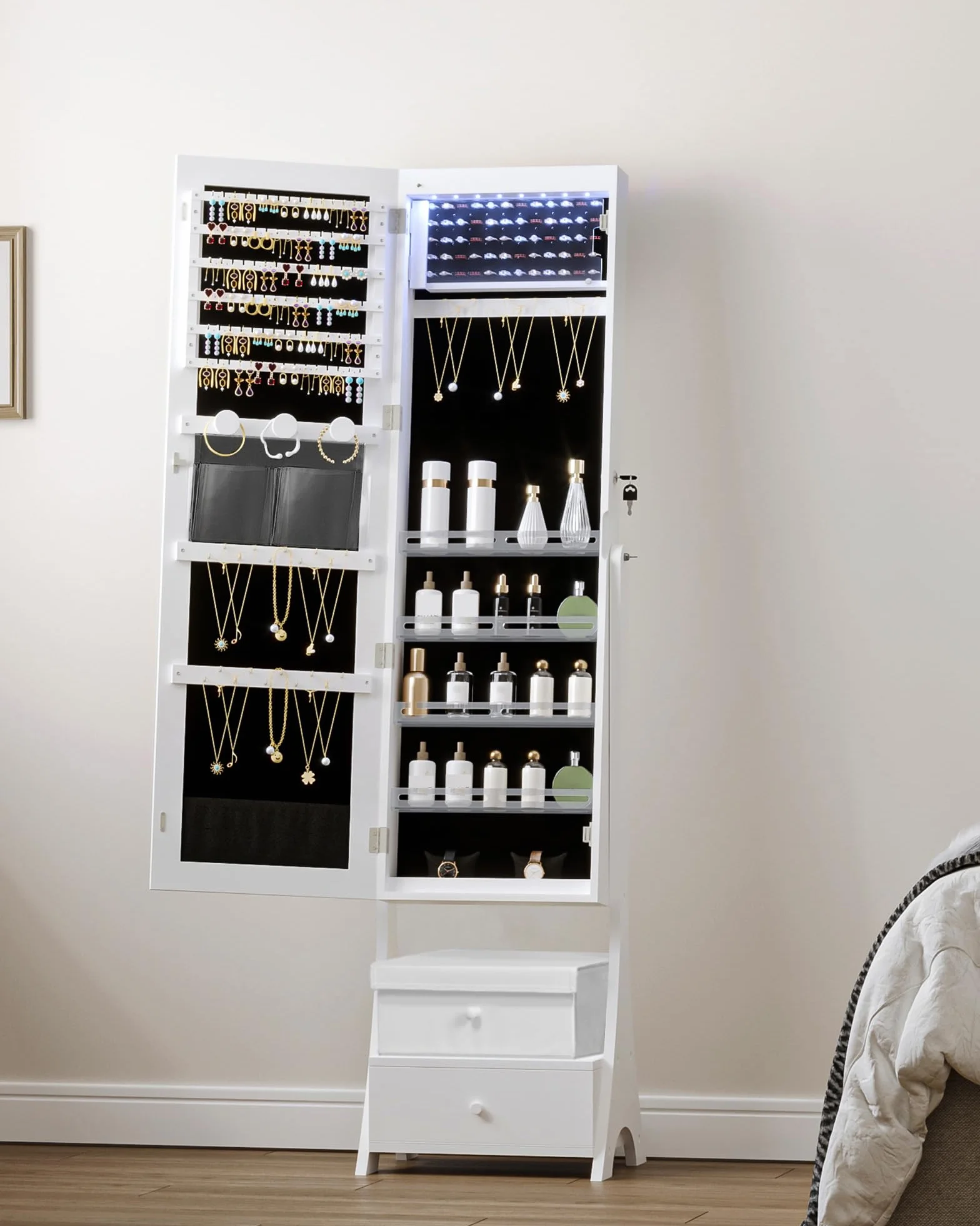 Hzuaneri Armoire à bijoux 108cm avec miroir sans cadre, 8 LEDs, 1 tiroir, 5 étagères, blanc et noir