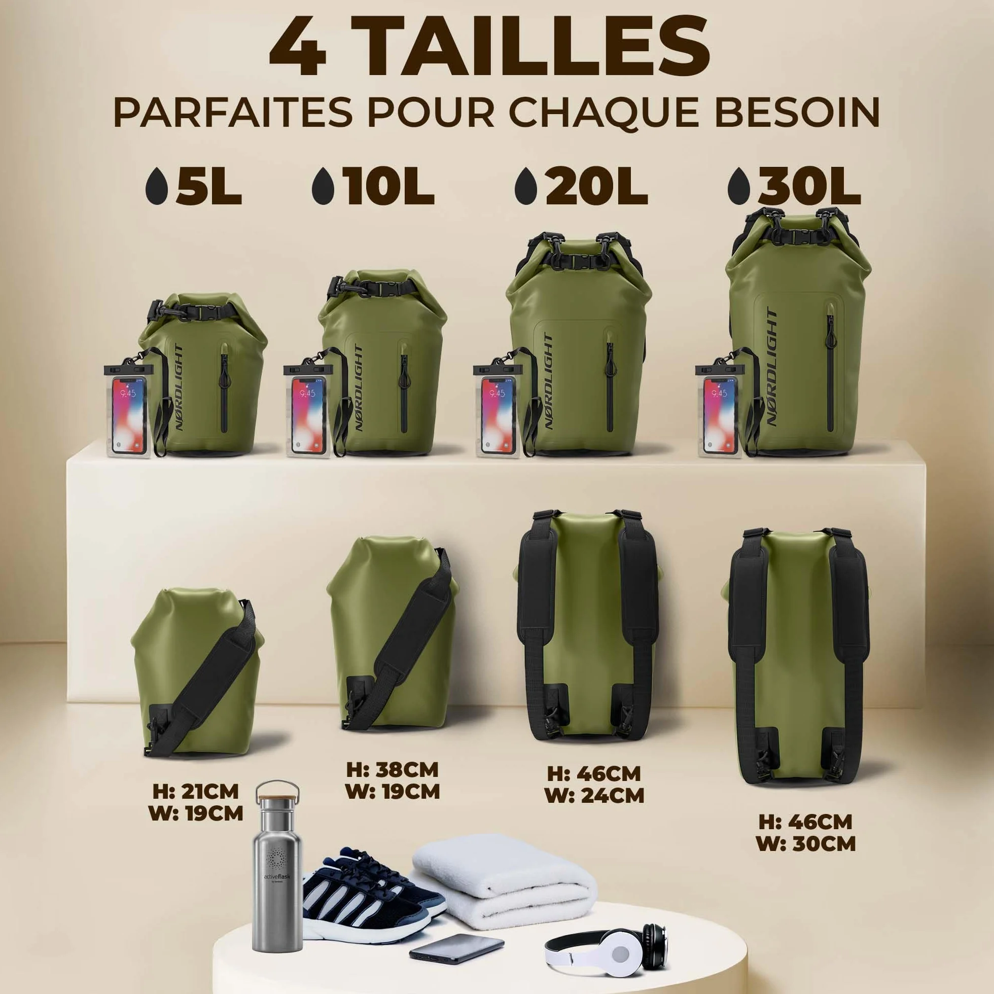 Nordlight Sac Étanche 20 L Vert Olive - Sac à Dos Nautique Impermeable avec Pochette Téléphone