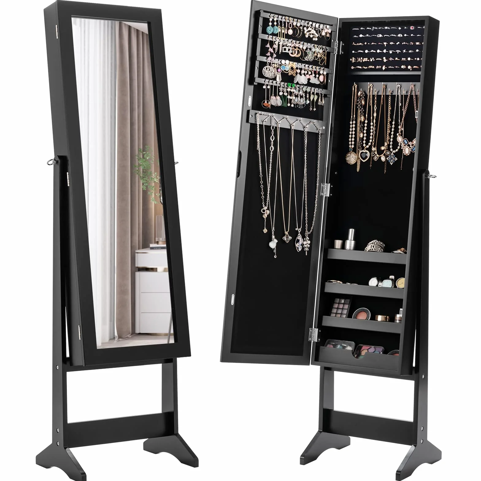GOPLUS Armoire à Bijoux sur Pied avec Miroir Inclinable, Grand Rangement, Noir