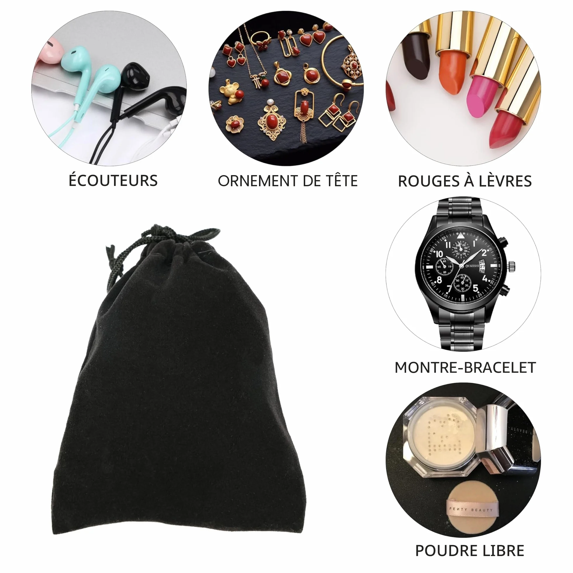 Pochettes de Serrage en Velours Noir Lot de 5 Taille 10 x 15 cm Sacs Réutilisables avec Cordon de Serrage en Satin