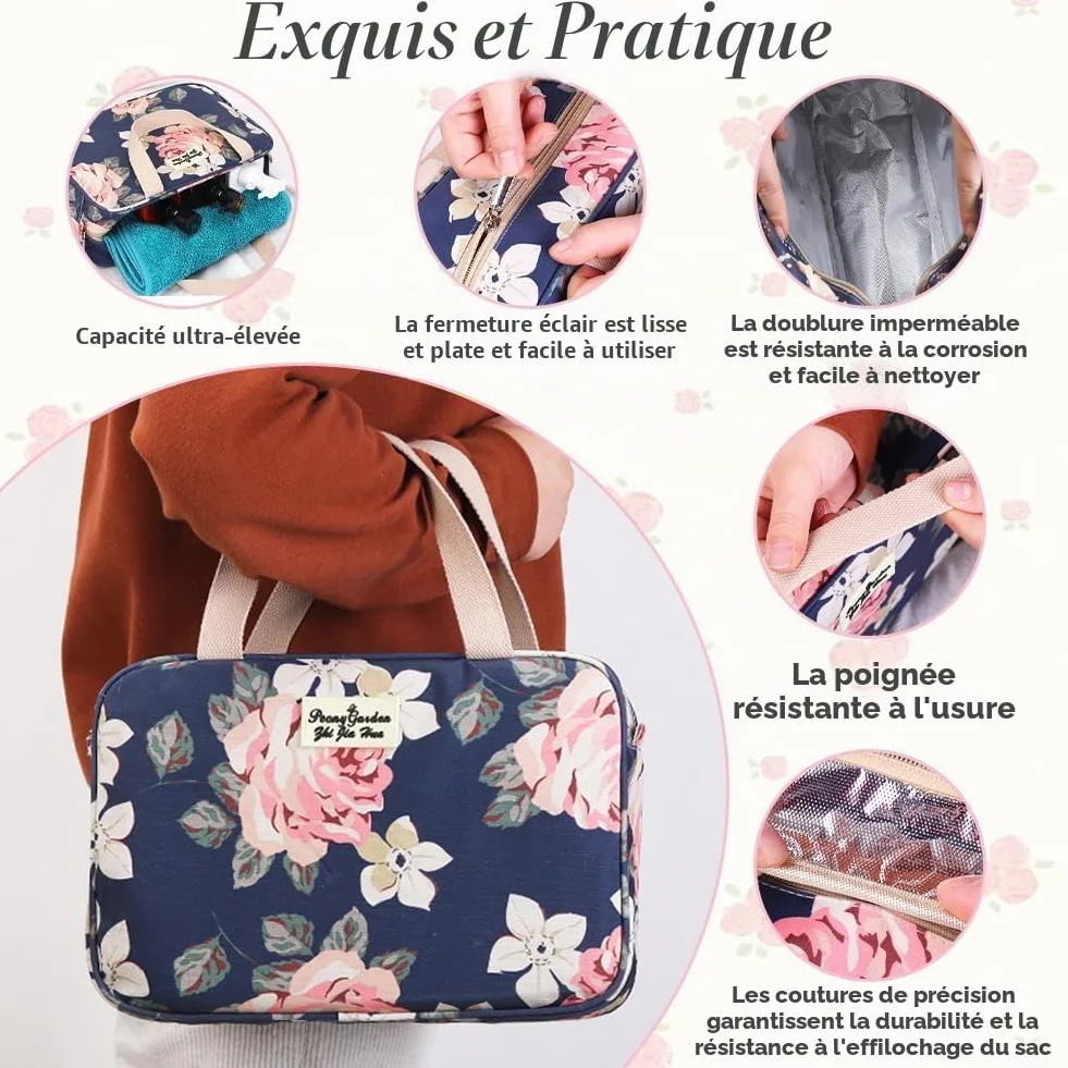 Aucuu Trousse de Toilette Femme Grande Sac de Maquillage Floral étanche Portable Voyage
