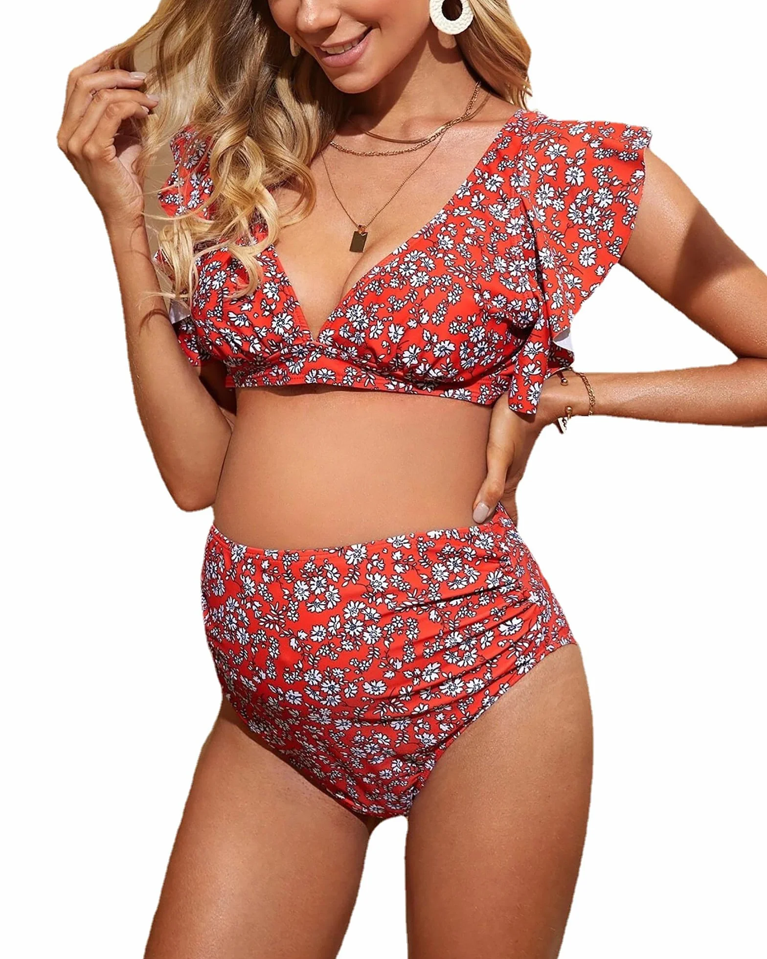 Maillots de bain de maternité 2 pièces femme Bikini grossesse Tankini taille haute Imprimé rouge XL
