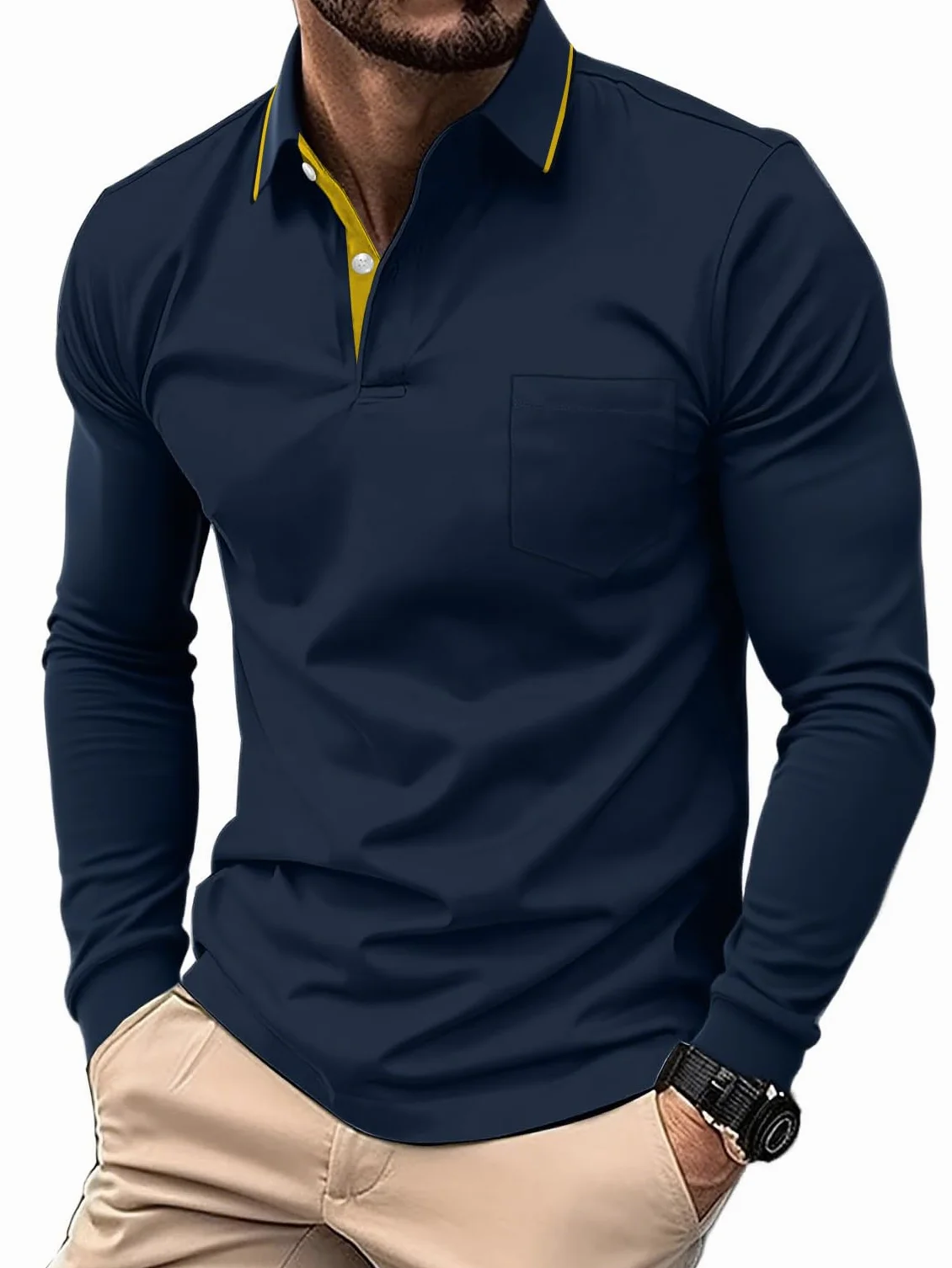 JACKETOWN Polo à Manches Longues Homme Golf Respirant Patte de Boutonnage Travail Chemise Décontractée Coupe Régulière M-3XL