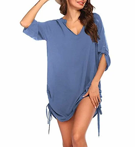 Cache-maillot de plage pour femme avec col en V et imprimé papillon, bleu, XL