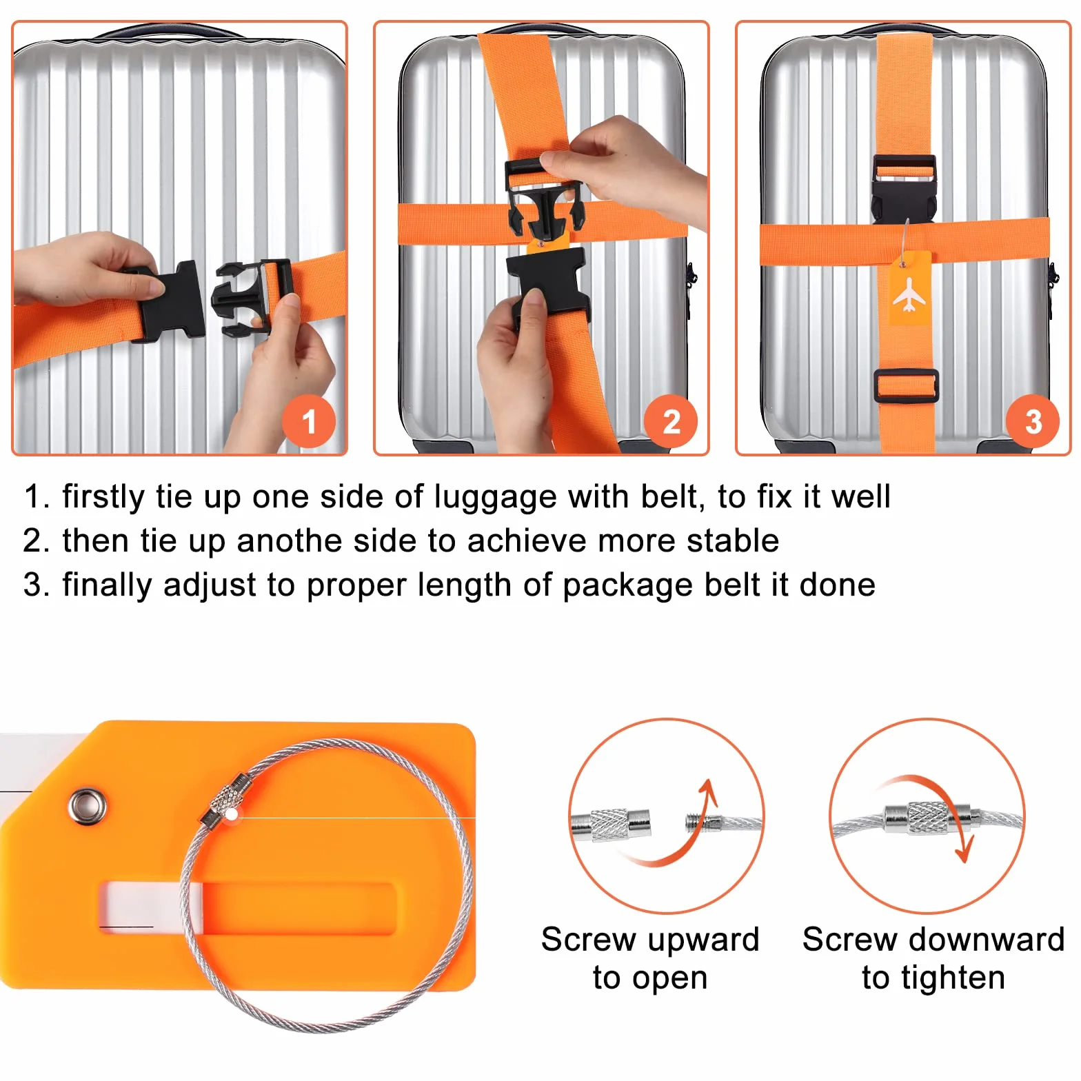 Vinabo 4pcs Sangles de Bagage Réglables avec Boucle, Ceinture Valise, étiquettes de Bagage avec étiquette Nominative et d'adresse pour Voyager en Avion