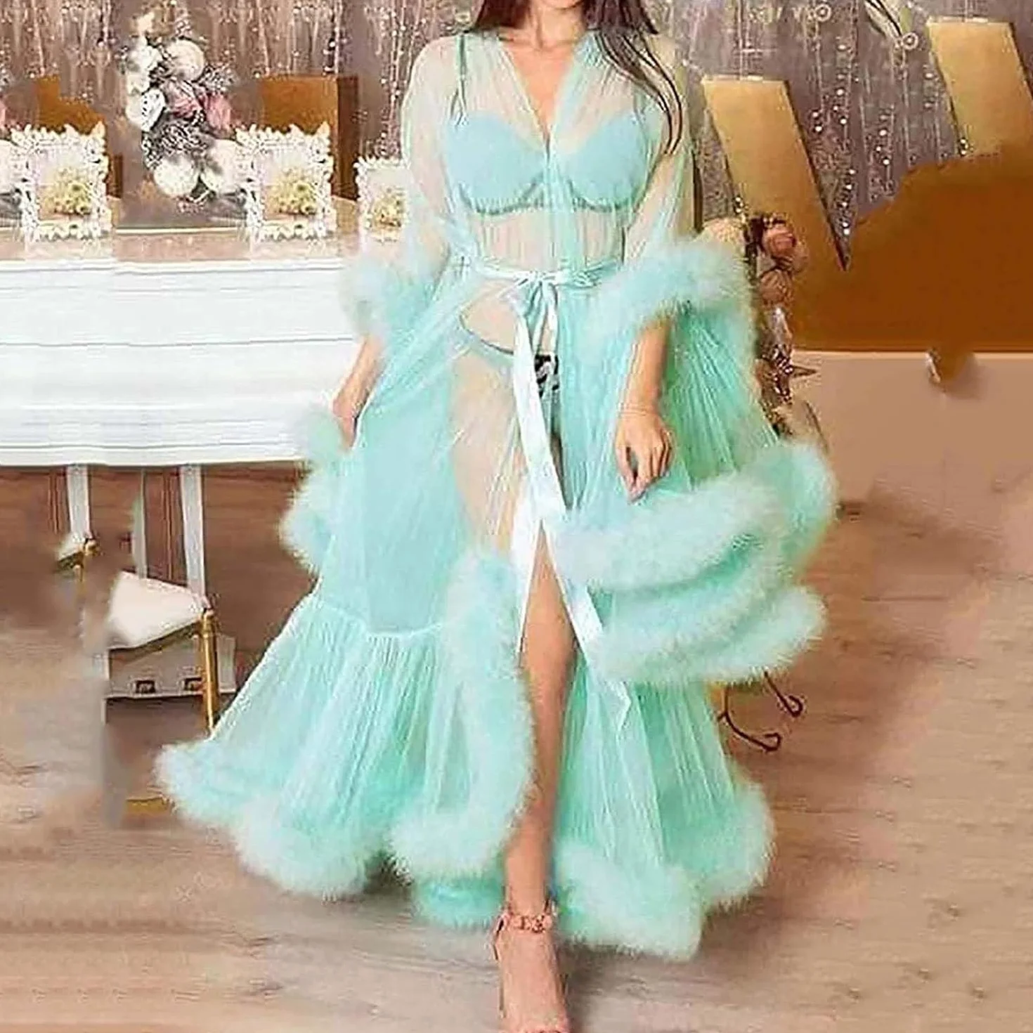 Kimono Sexy Robe Perspective Lingerie Nuisette Plumes Ceinture Grande Taille Maille Transparente One Size