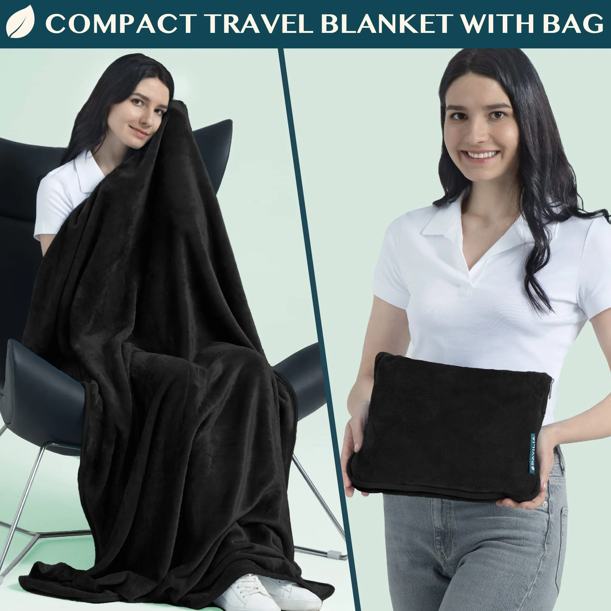 PAVILIA Travel Blanket Pillow 2-in-1 Combo Set, Compact Packable Plane Blanket, Flight Essentials Car Pillow, 60x43 Black