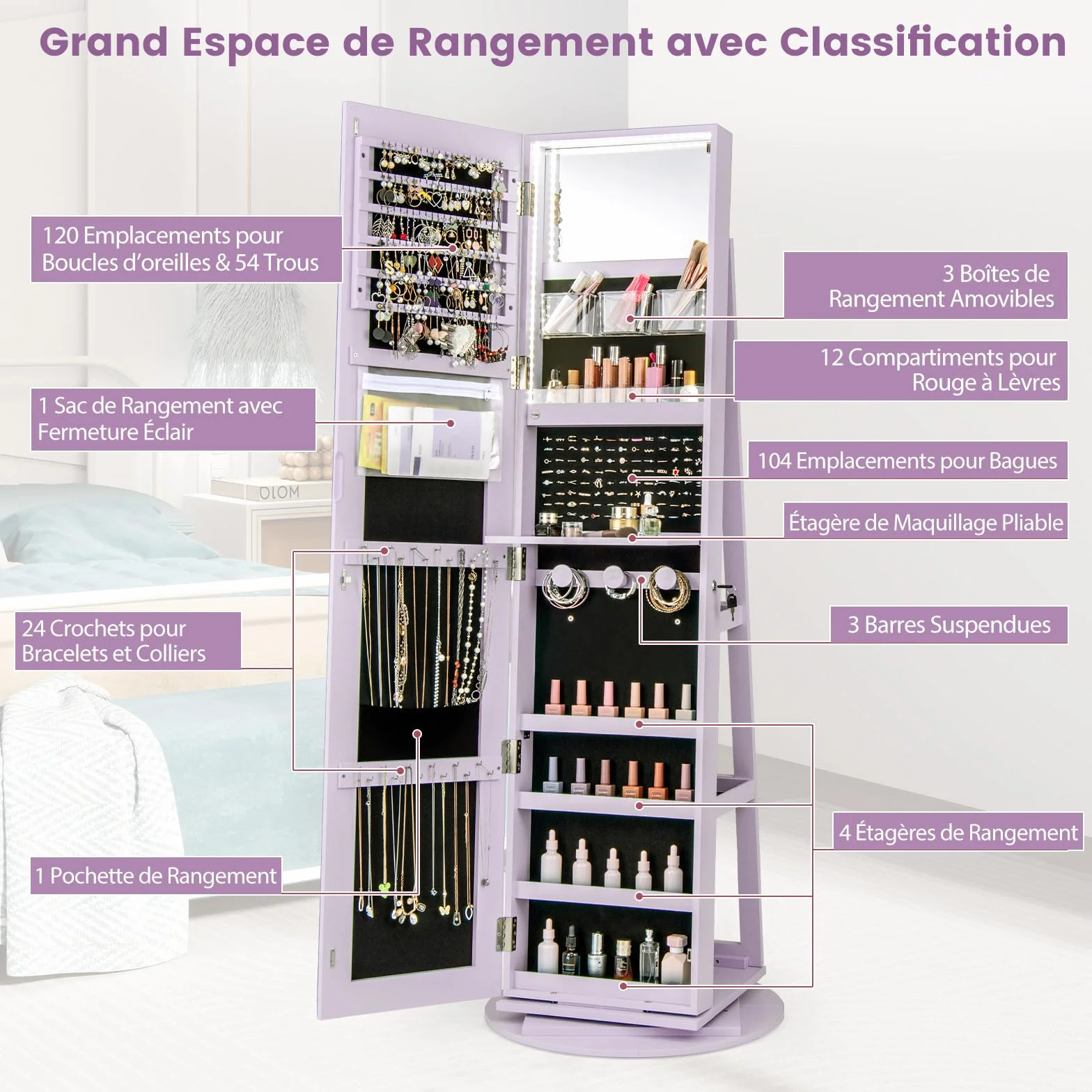 COSTWAY Armoire à Bijoux Pivotante 360° avec Miroir Pleine Longueur et Lumières LED 3 Couleurs, Style Nordique Violet