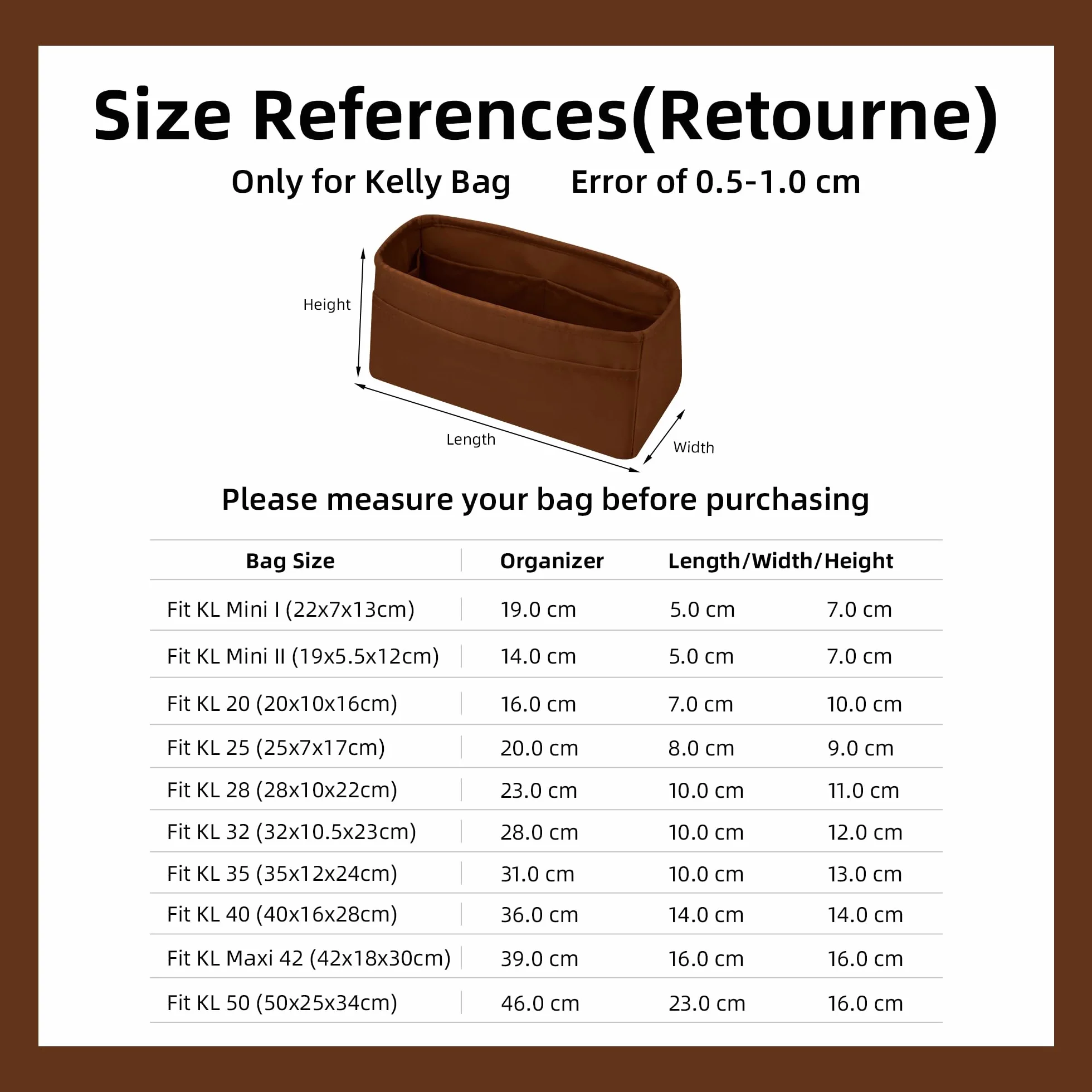 Organisateur de sac à main pour Hermès Kelly 25 28 32 35, KL28 Gold