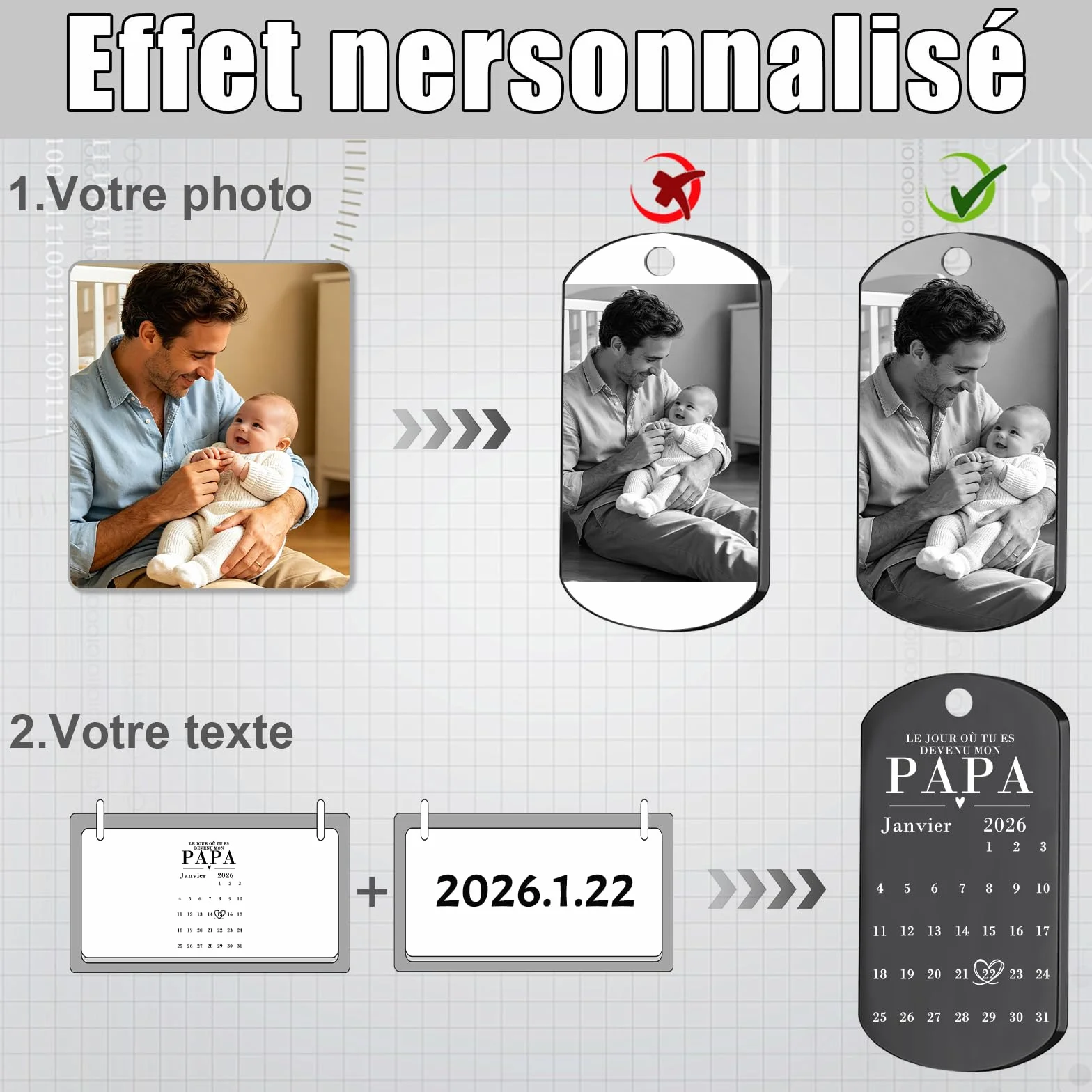 BEXOA Porte Clé Personnalisé Photo Gravure Image Texte Cadeau Fête des Pères