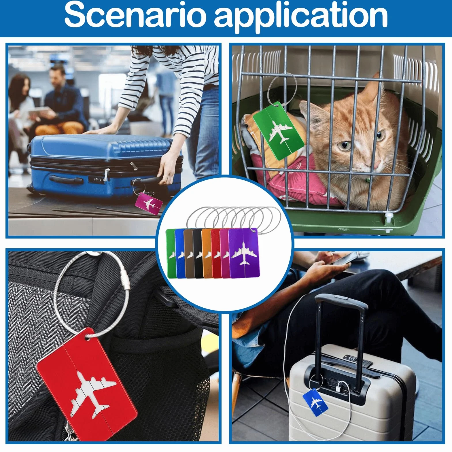 Etiquette Bagage Valise Aluminium Avion avec Carte Inox et PVC étanche Cordon Inox pour Sac à dos Voyage