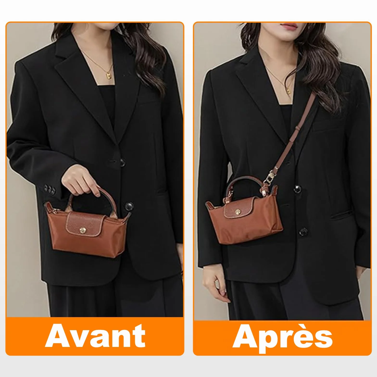Bandoulière pour Sac Longchamp Mini Femme, Cuir Double Face Cognac, Sangle Sac Bandoulière, Anse Sac à Main, No-Punch Strap Mini (Largeur 1.2cm)