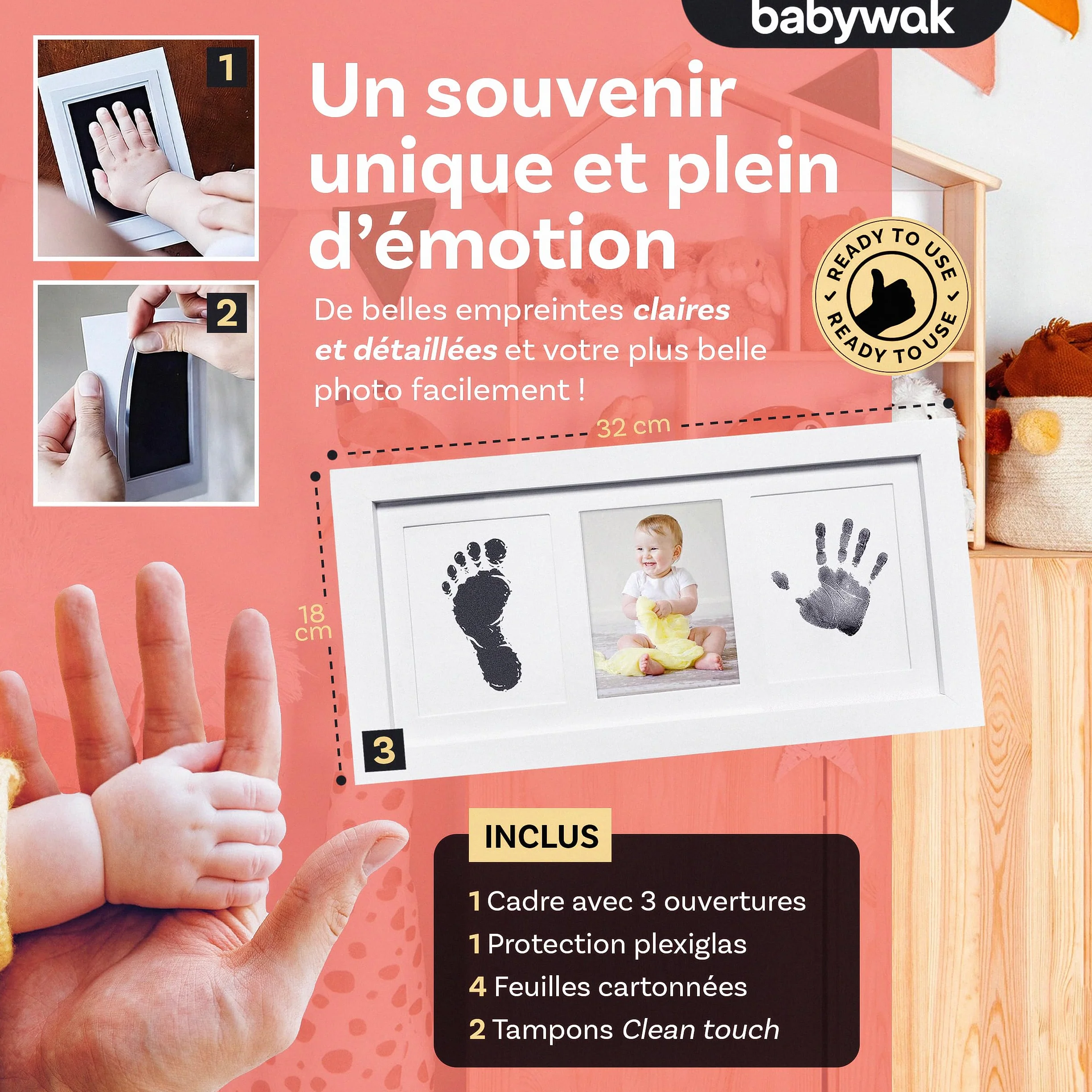 Kit Empreinte Bébé sans Encre avec Cadre Photo en Bois – Cadeau Naissance Baby Shower – Souvenir Nouveau-né 0-6 Mois