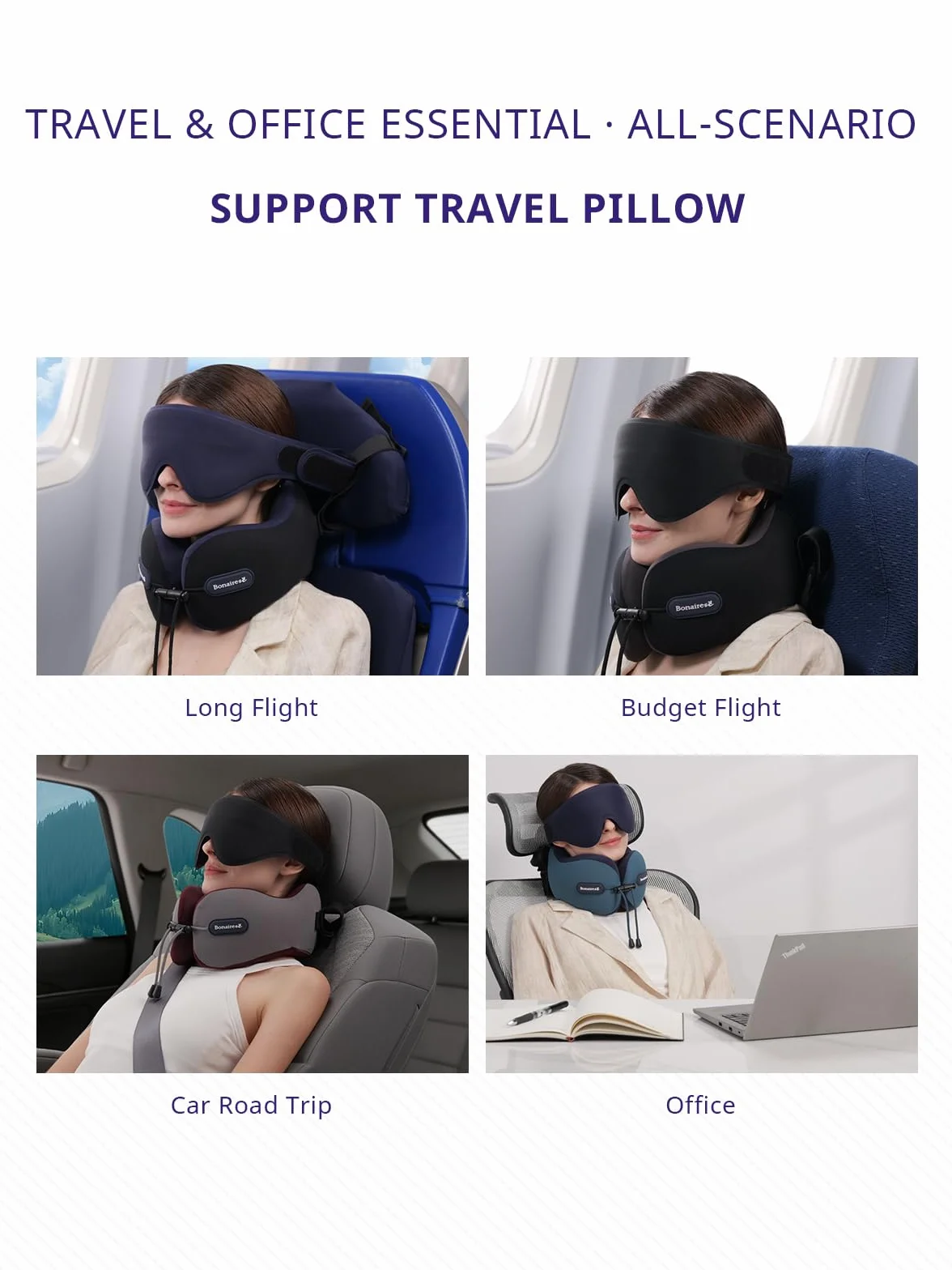 Oreiller de Voyage Coussin Cervical Avion Masque de Sommeil 3D Sangle de Siège Mousse Double Densité Gris/Rouge