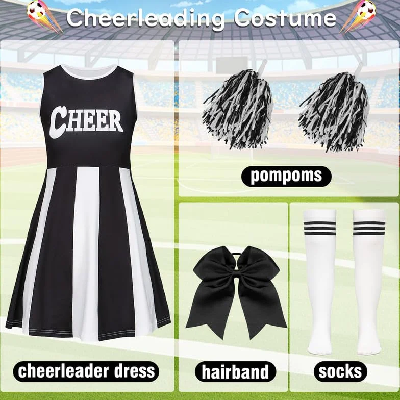 Costume Cheerleader Fille Pompom Girl Enfant Tenue avec Bandeau Pompons Chaussettes Carnaval Halloween