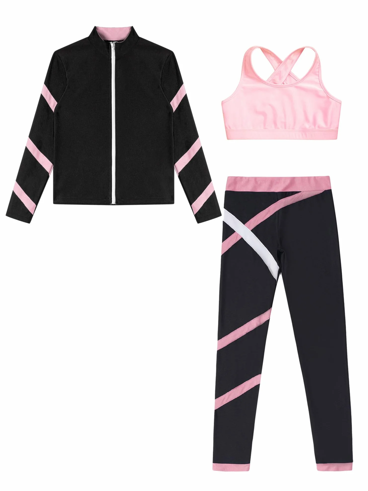 YiZYiF 3pcs Tenues Patinage Artistique Survêtement Sport Manches Longues Veste Col Haut Débardeur Pantalon Justaucorps Gymnastique Fille 5-16 Ans