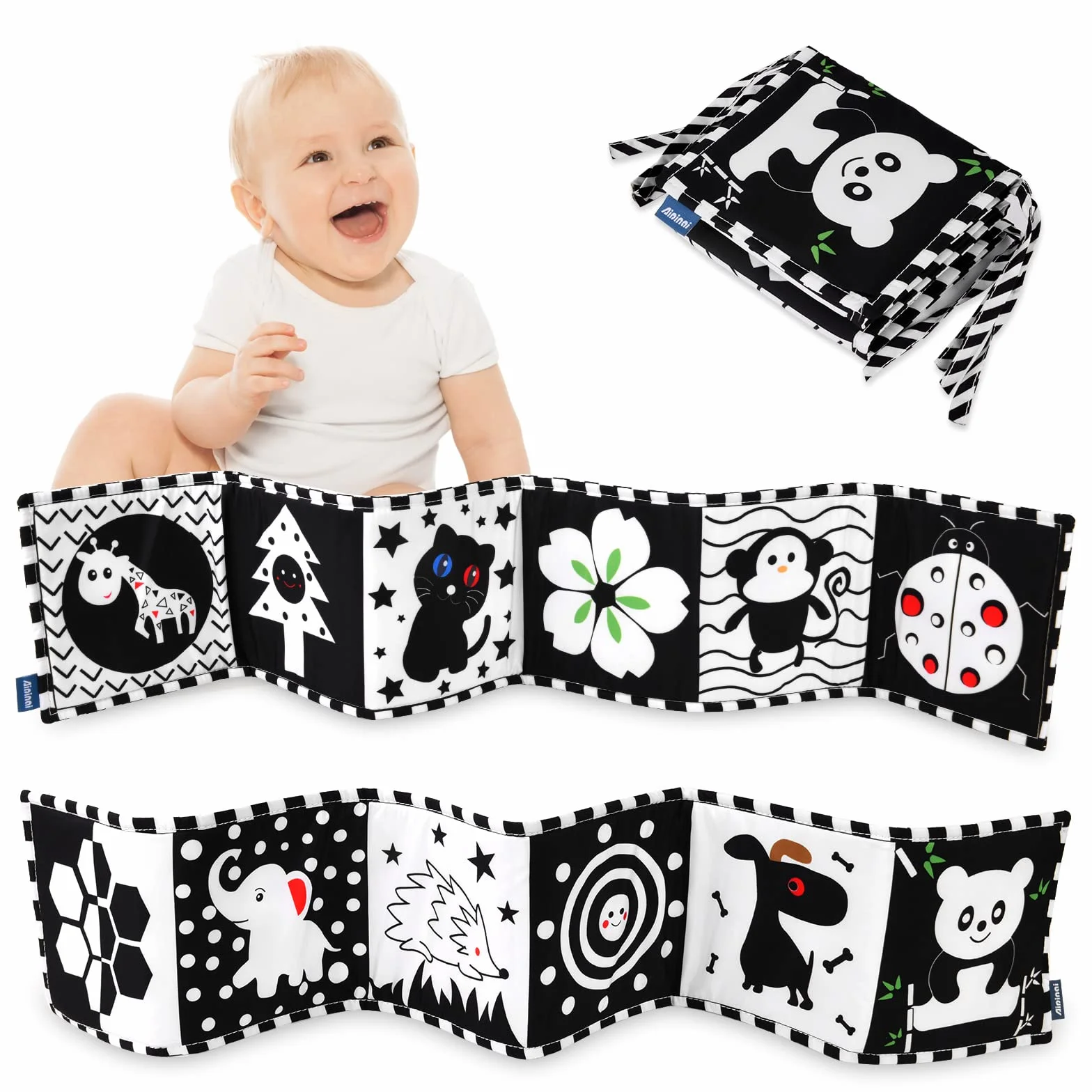 Livre d'Éveil Double Face en Tissu Vicloon pour Bébé Noir et Blanc Pliable 6-12 Mois