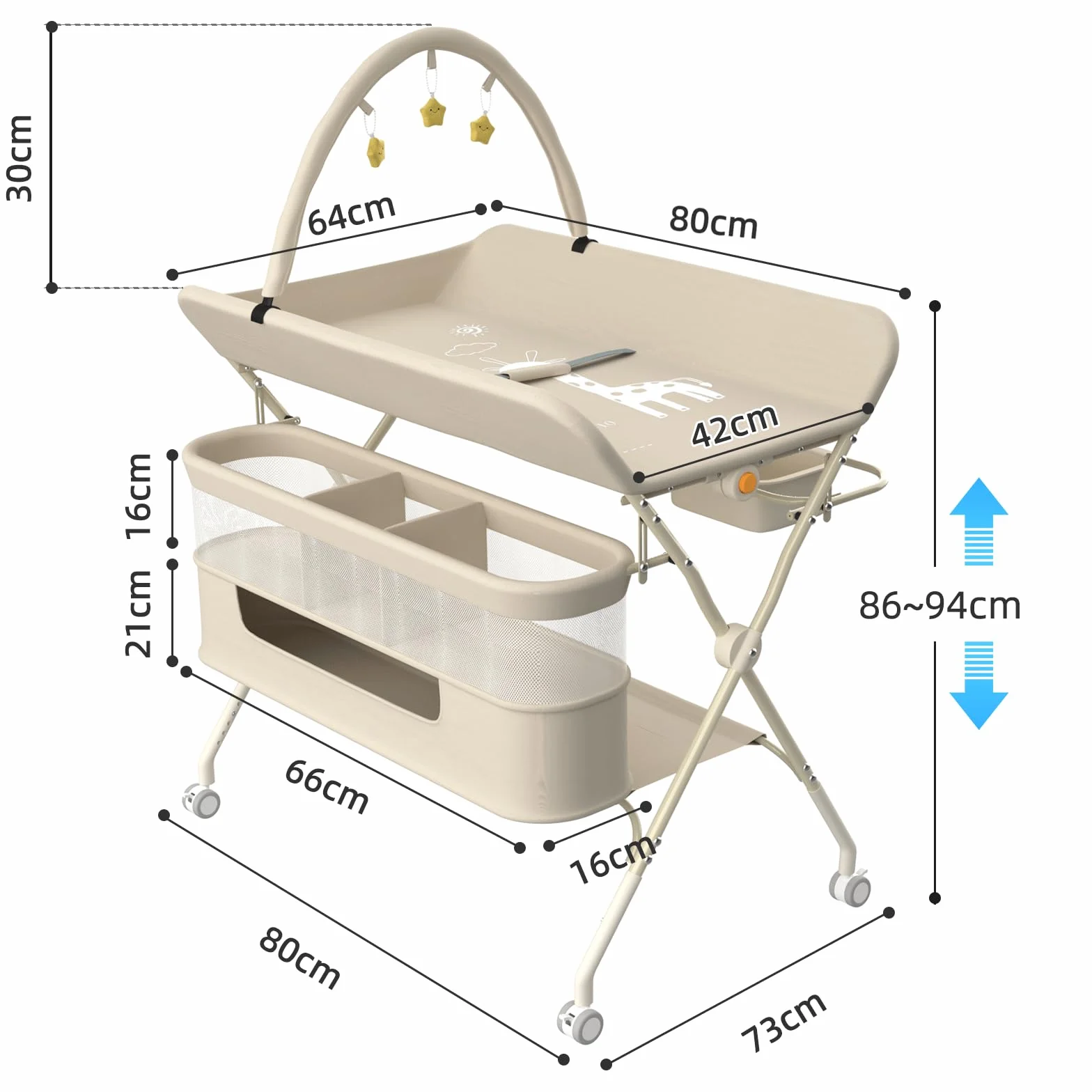 Table à Langer avec Roulettes Panier Rangement Structure Fer Charge Max 25kg 75x68x83-91cm Blanc Crème