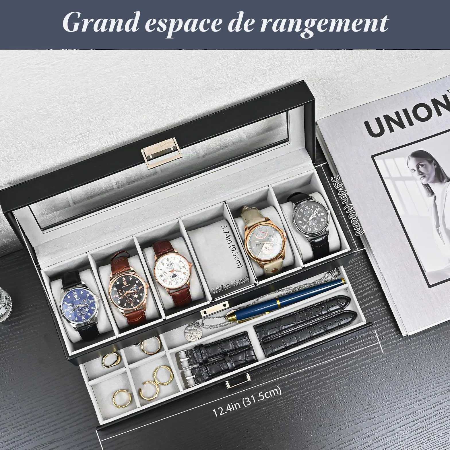 ProCase Boite a Montre 2 Niveaux 6 Emplacements avec Coussins Couvercle en Verre Noir