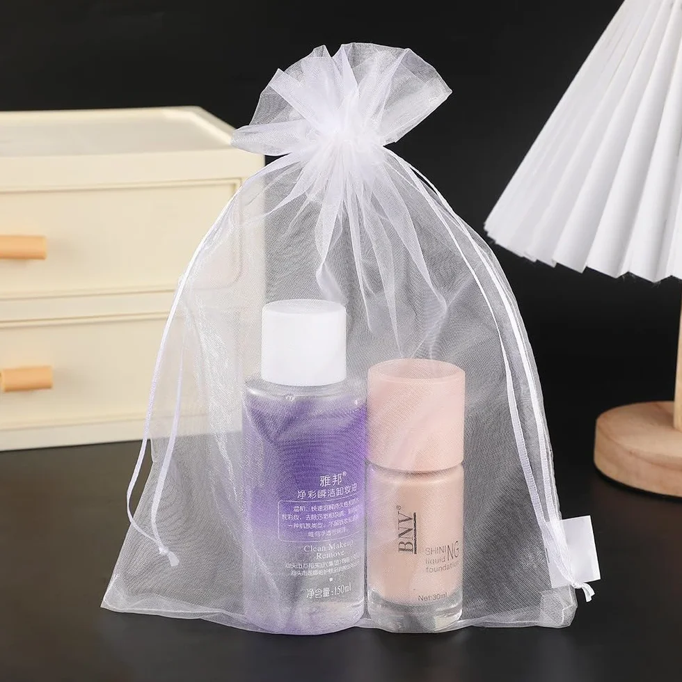 Sacs Cadeau en Organza 20 x 30 cm Blanc, Pochette Bijoux 50 Pièces