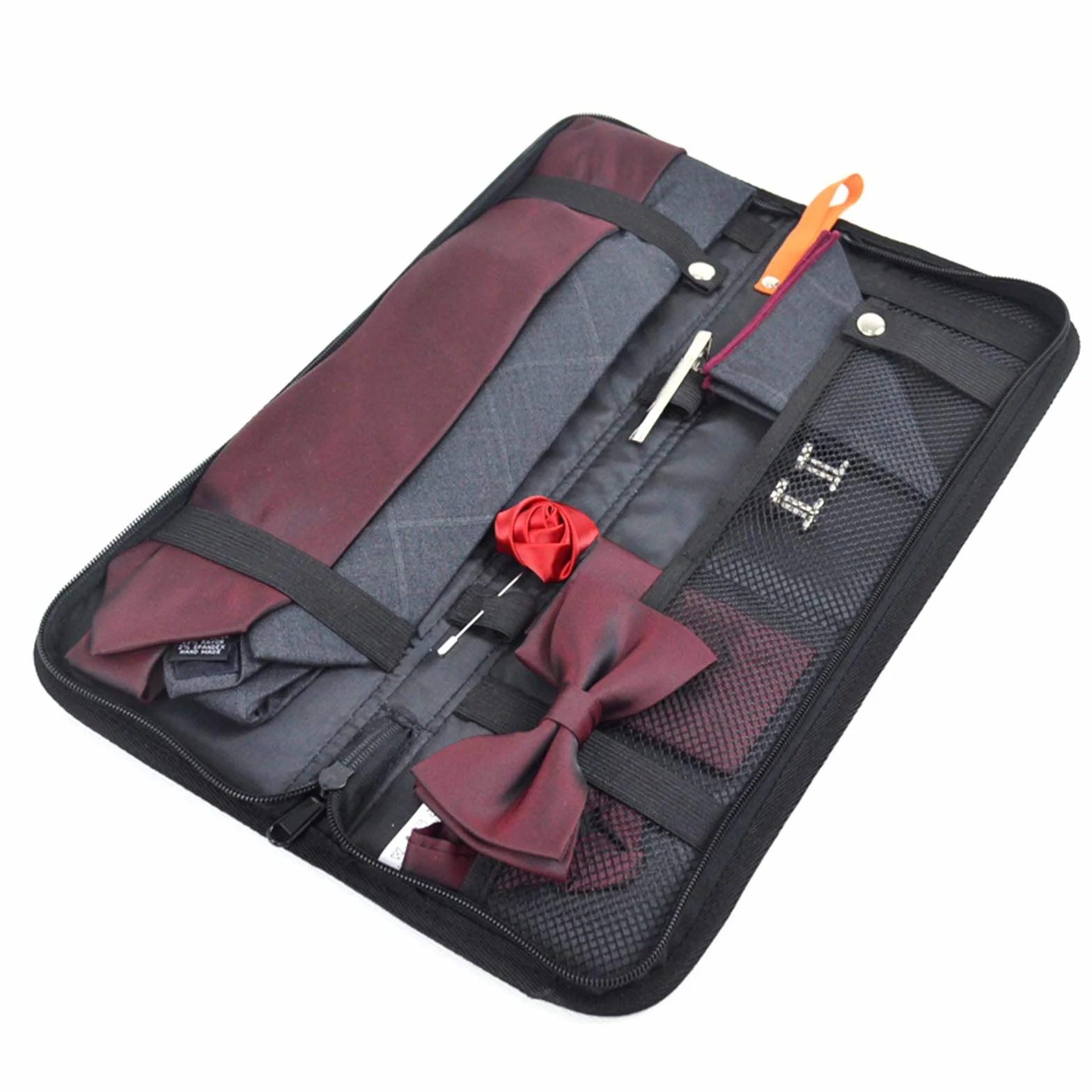 Organisateur de Voyage Cravate Sac de Rangement Nylon Zippée Étui à Boutons de Manchette Hommes Noir 42x13x2 cm
