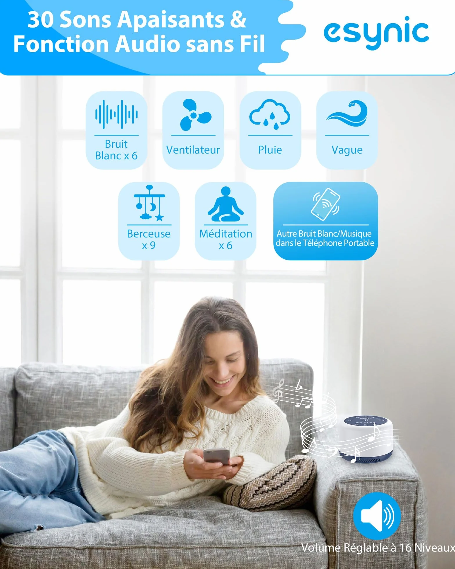 eSynic Machine à Bruit Blanc Portable pour Bébé avec 30 Sons Relaxants, Veilleuse Réglable, Minuterie, Batterie Intégrée (Bleu)