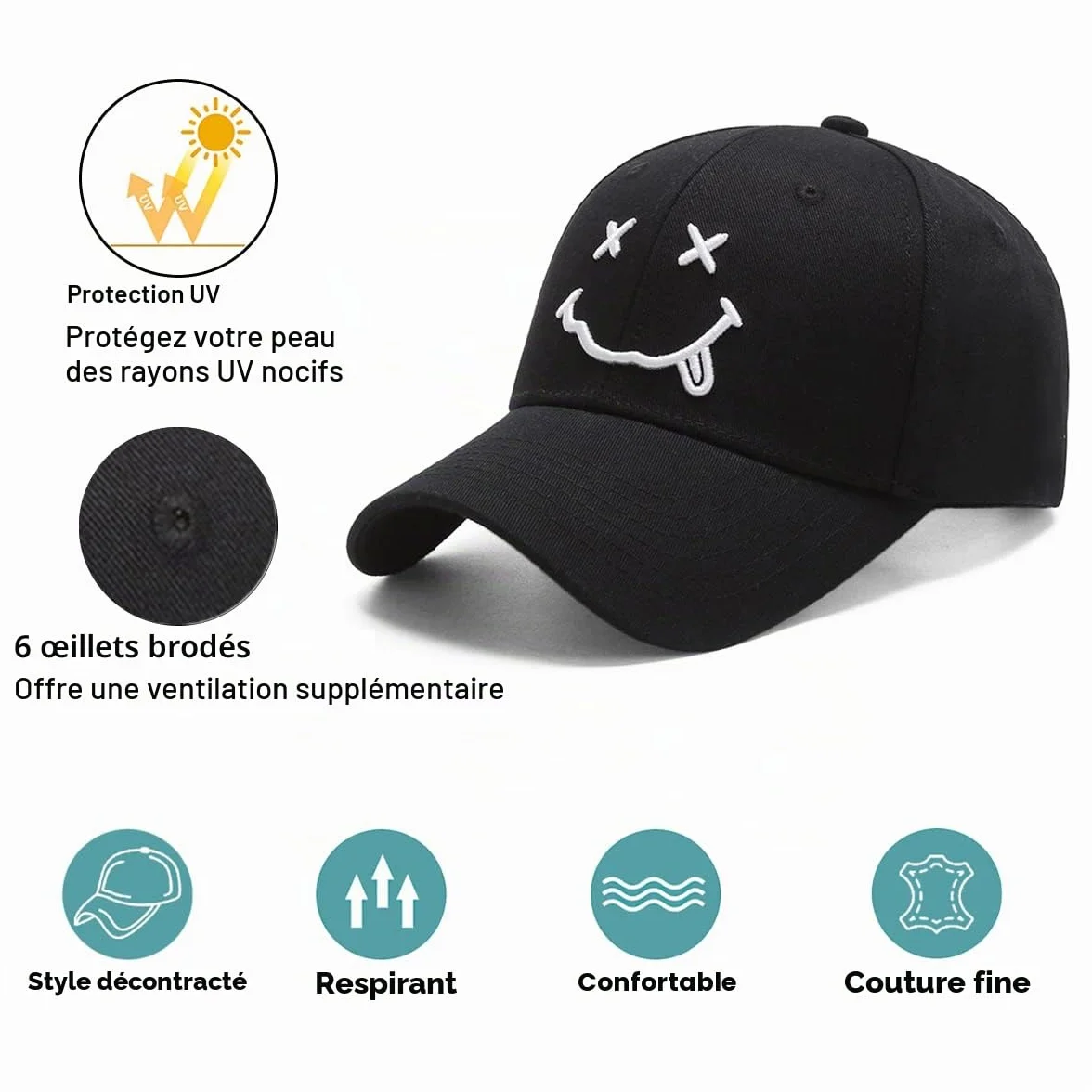 Casquette Baseball Enwokran Respirante Légère Réglable Unisexe Brodée Coton Anti-Soleil Sourire Hip Hop Sport Outdoor
