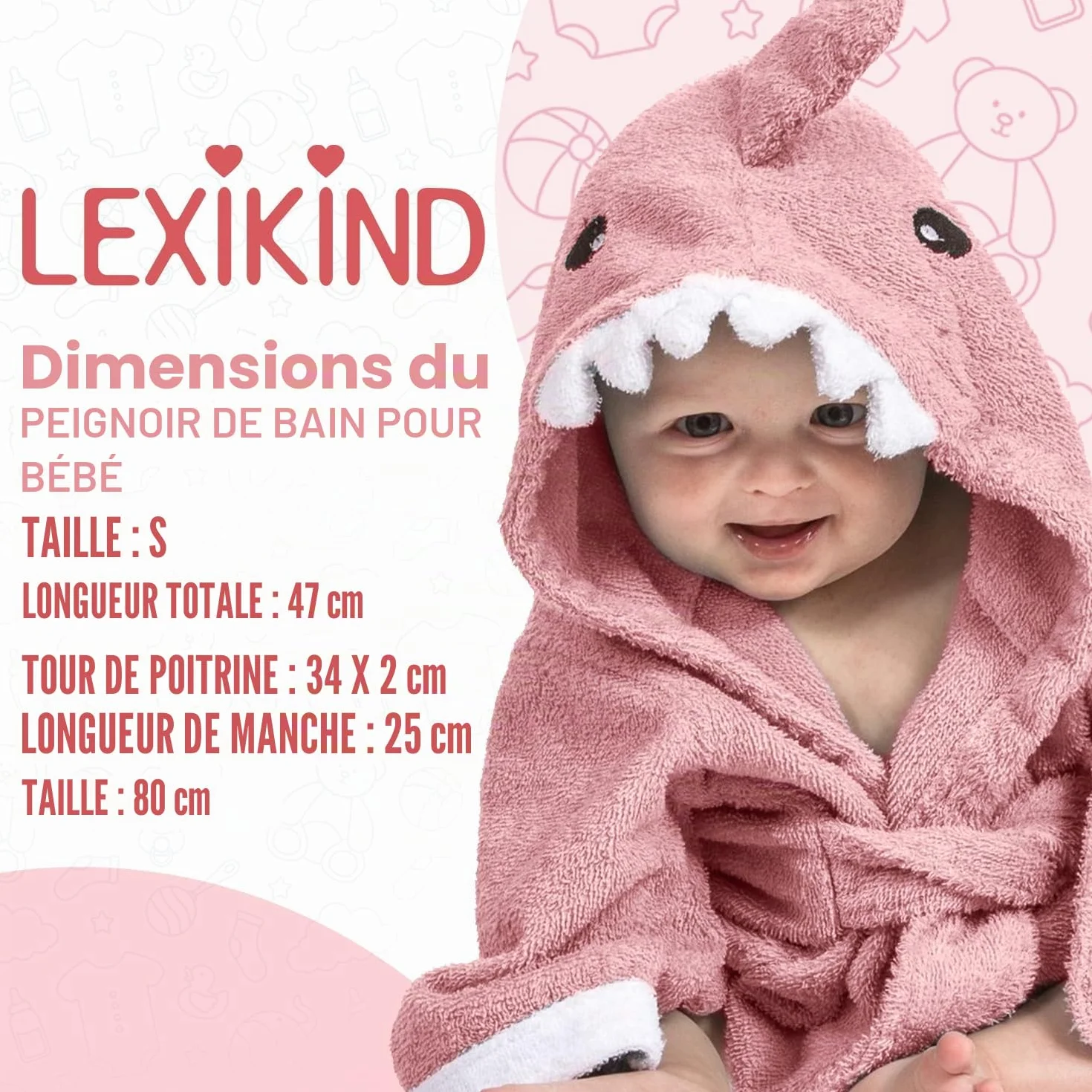Lexikind Serviette à Capuche Bébé Peignoir de Bain Tissu Éponge Requin Rose