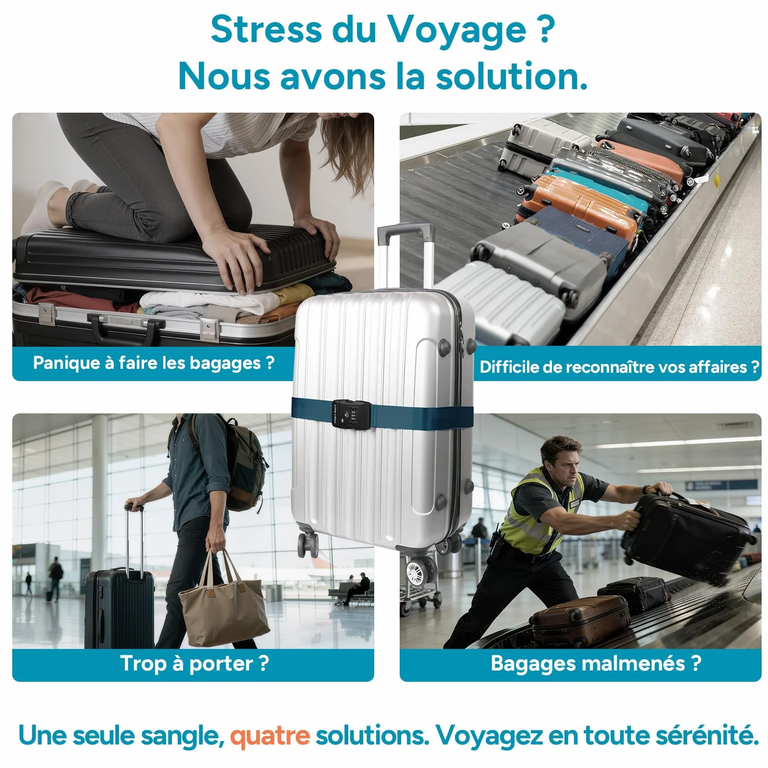 Sangle Valise TSA Réglable 103-200 cm pour Valises 20-32 Pouces, Ceinture à Bagages Bleu Marine