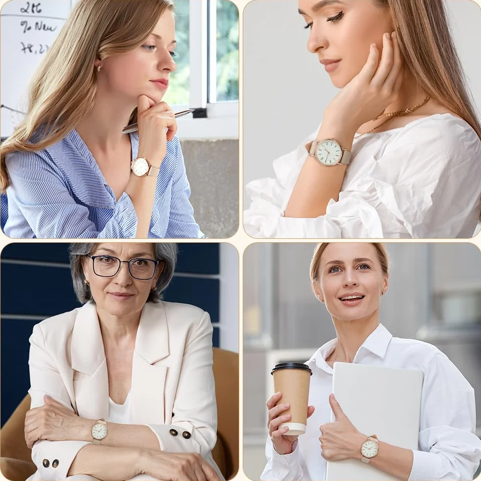 OFFCUP Montre Femme Bracelet Cuir Analogique Quartz Cadran Blanc 3 Aiguilles Poignet Ladies