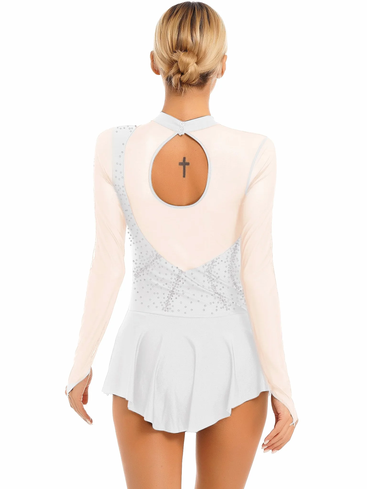 Robe Patinage Artistique Femme Manches Longues Strass Justaucorps Ballet S-2XL