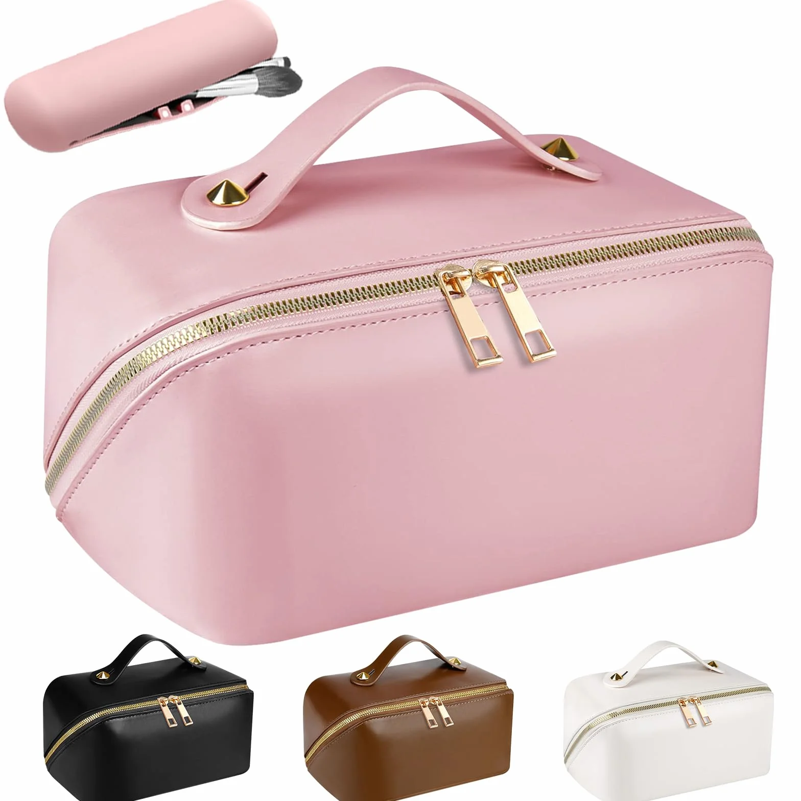 Grande Trousse de Toilette Femme Voyage XXL en Cuir PU, Makeup Bag Organizer Rose