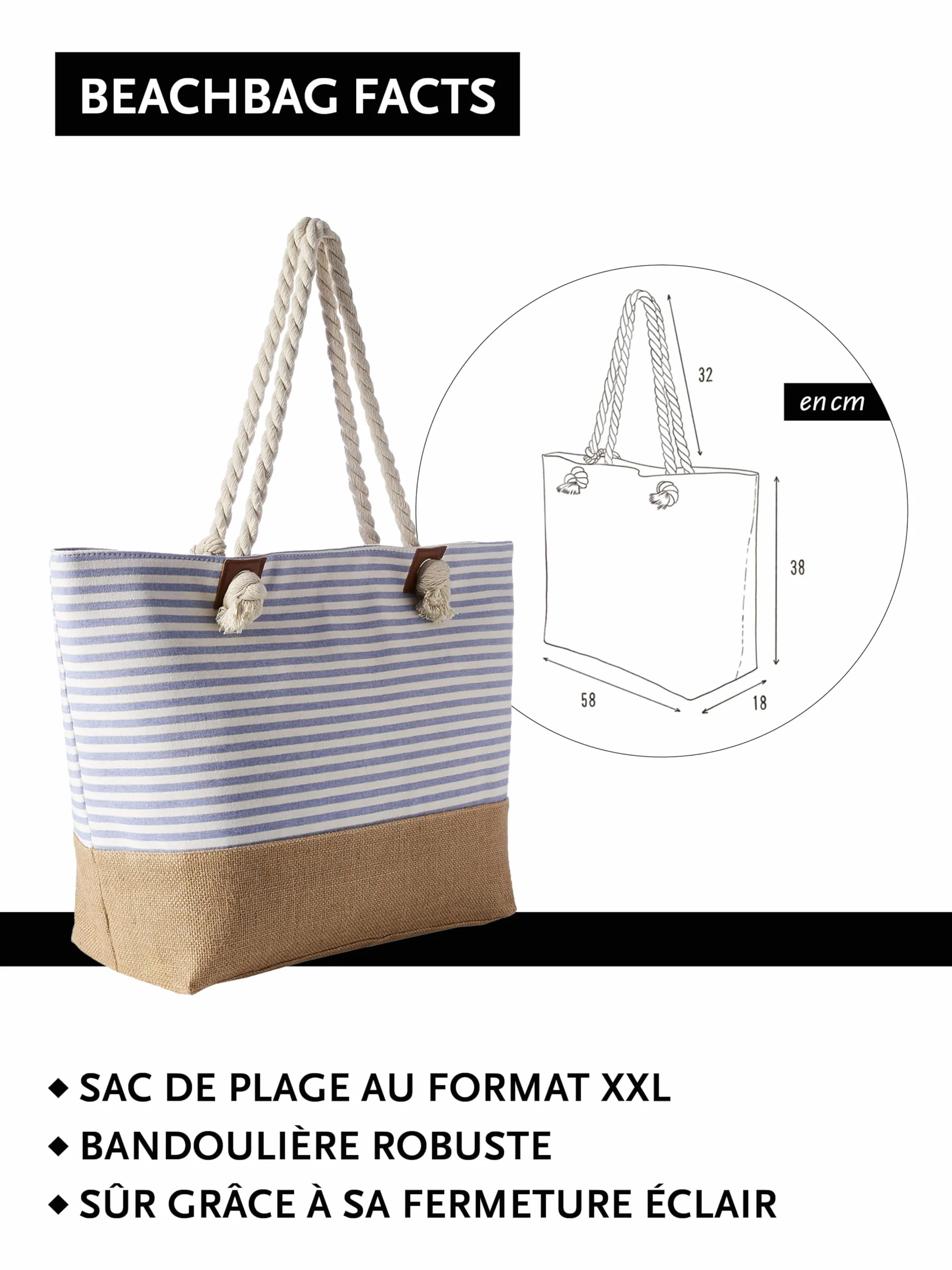 DonDon Grand sac de plage imperméable avec fermeture à glissière sac shopping à bandoulière