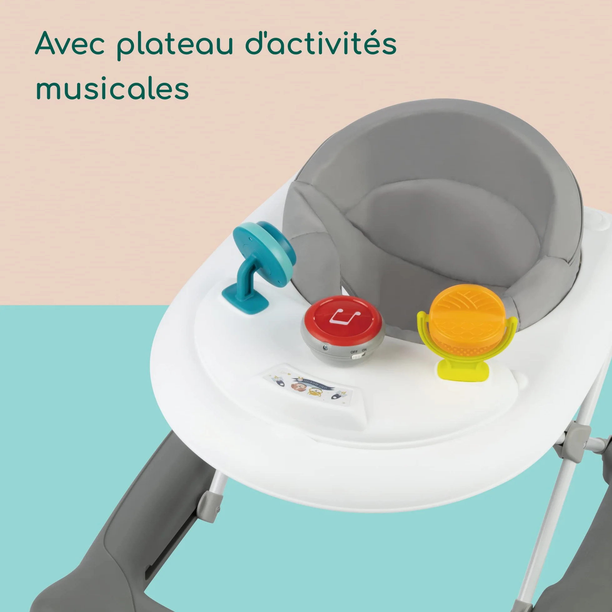 Bebeconfort Explorer Trotteur bébé pliable avec plateau d'activités musical, 6-18 mois, 12 kg, Gray Mist