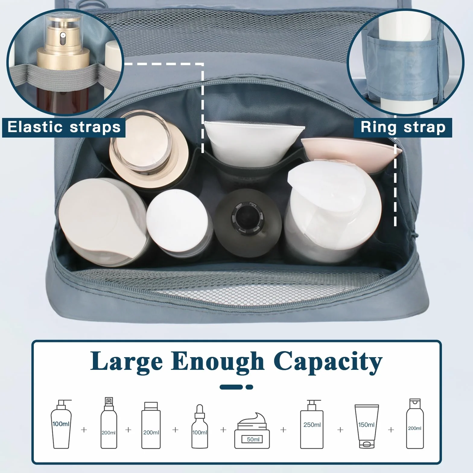 Zivacate Trousse de Toilette à Suspendre étanche avec poignée, Sac de Rangement Maquillage Homme Femme 3 Sac à Cordon pour Voyage – Gris