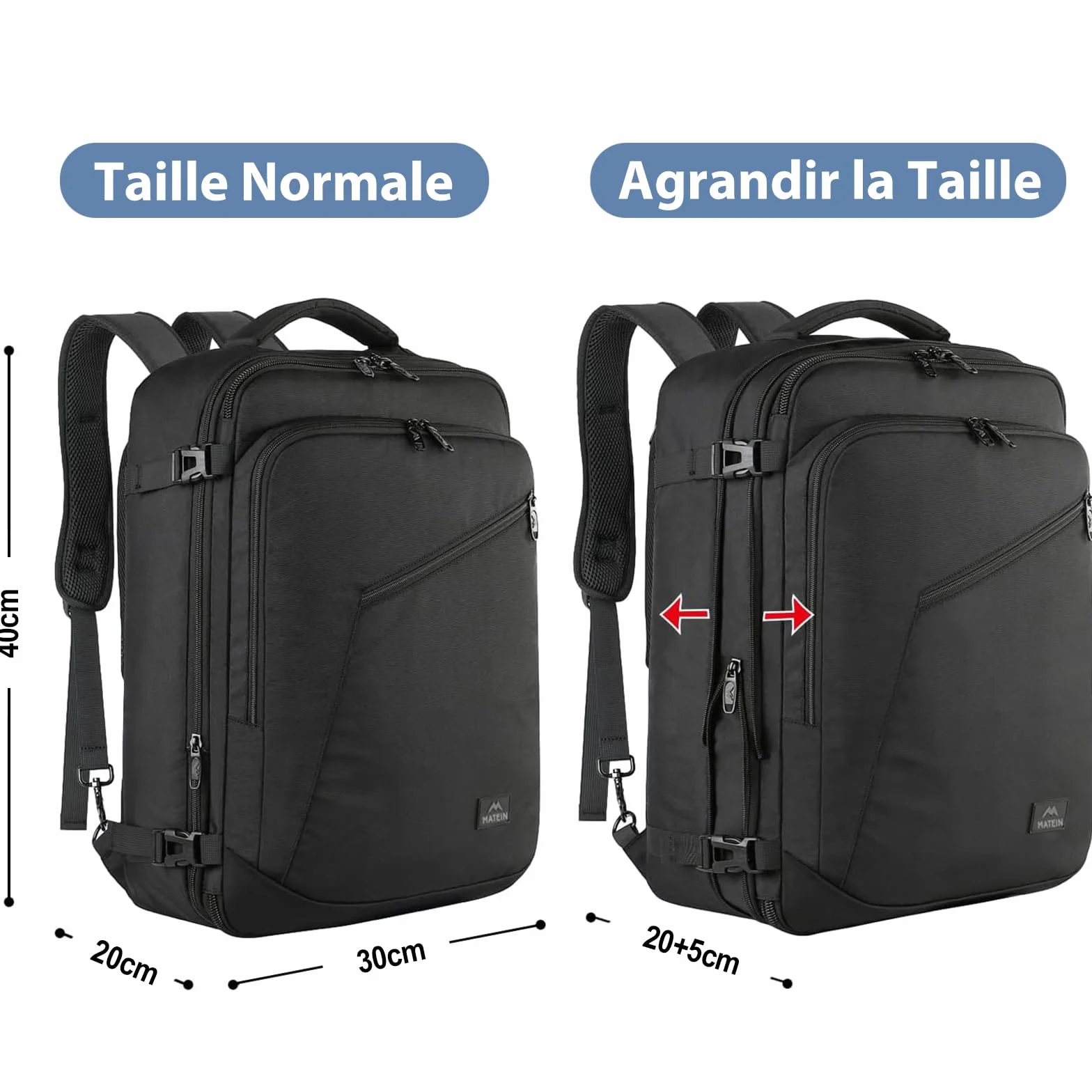 MATEIN Bagage Cabine 40x30x20 Sac à Dos Voyage Avion Compatible Ryanair 30L Imperméable Noir