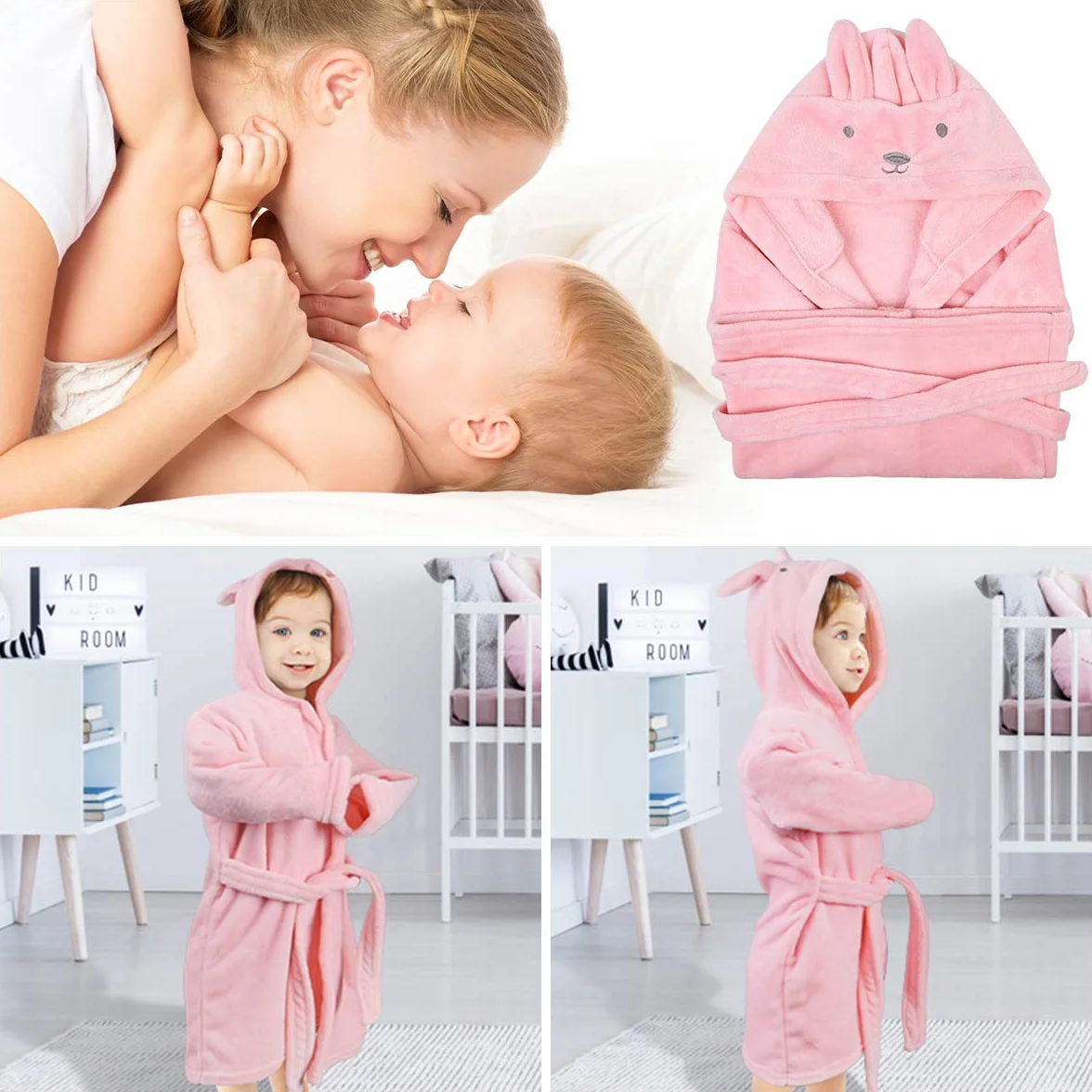 Peignoir de Bain Enfant Peluche Bébé Garçon Fille Capuche Animal Doux Chaud Polaire Robe de Chambre 0-3 Ans