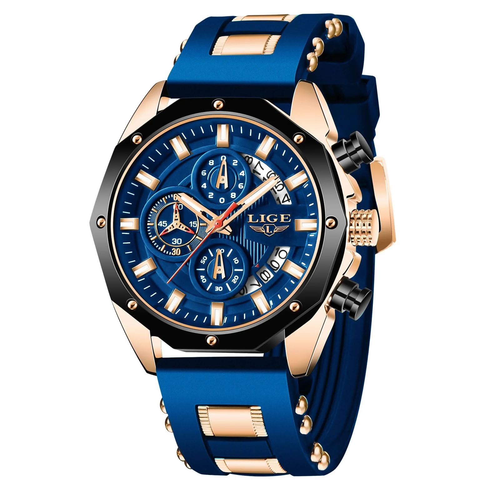 LIGE Montre Homme Chronographe Quartz Analogique 3ATM Etanche Bracelet Silicone Lumineux Date