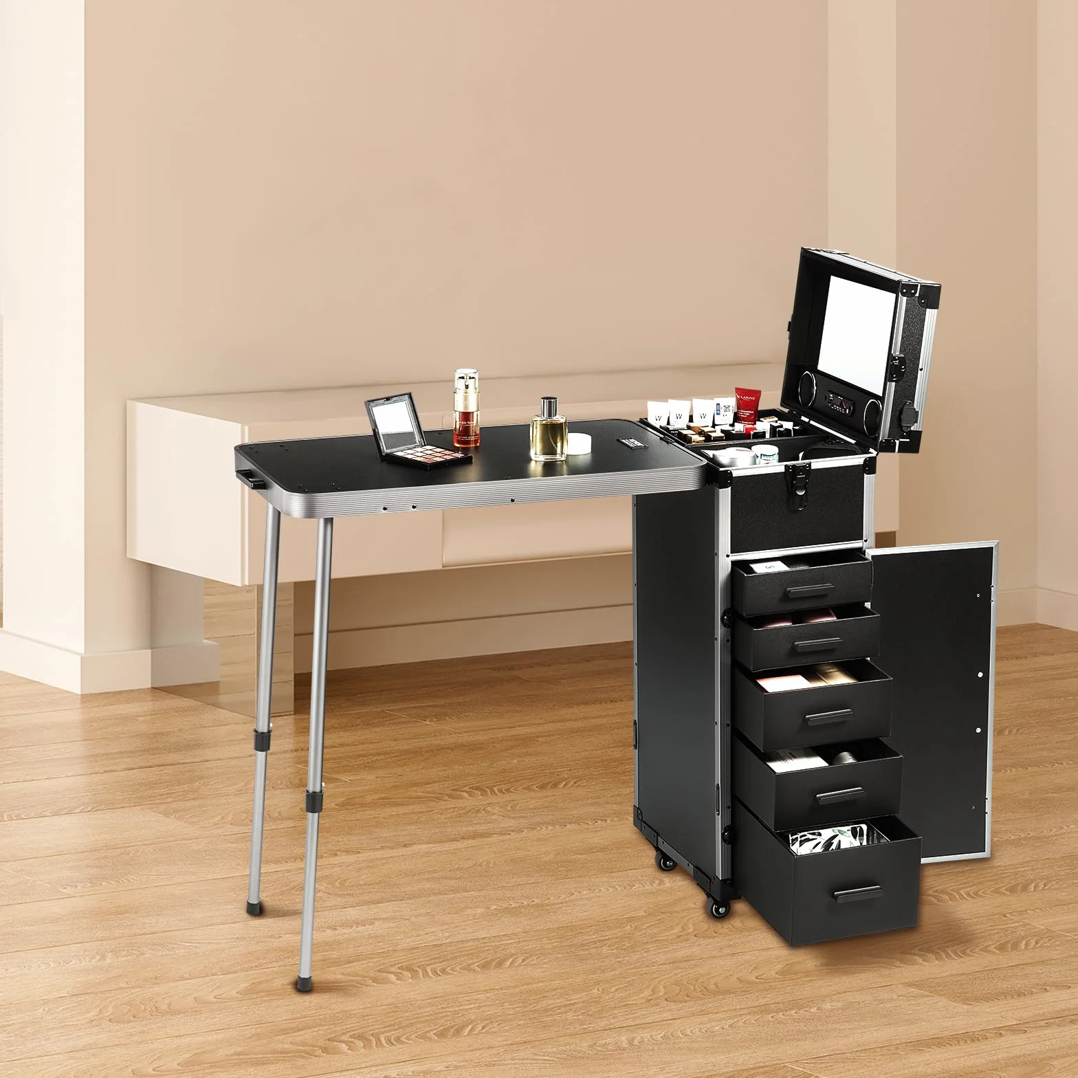 VEVOR Mallette de Maquillage en Aluminium Professionnelle avec Roues Pivotantes 360°, Noir