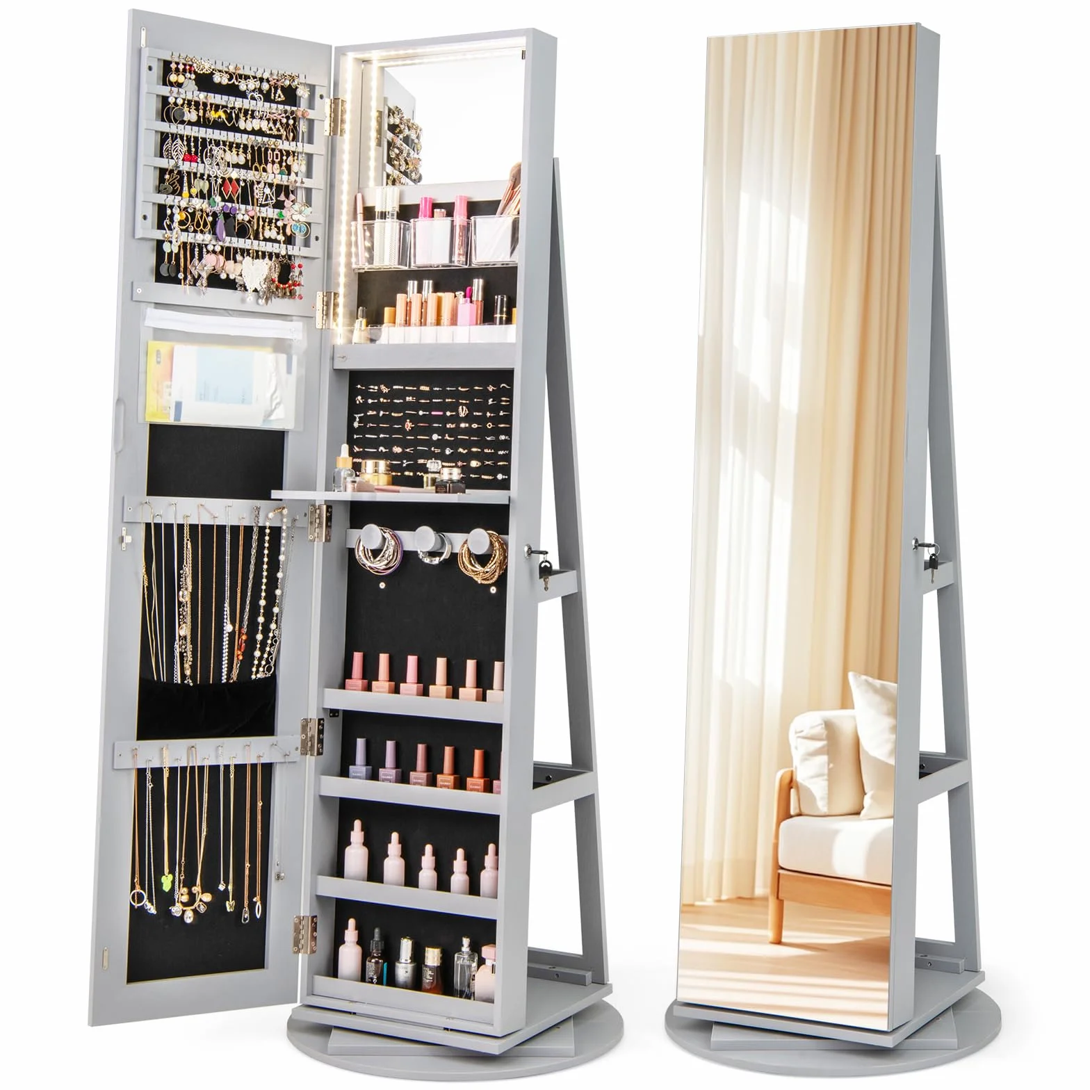 RELAX4LIFE Armoire à Bijoux Pivotante 360º avec Miroir Pleine Longueur, Éclairage LED, Gris
