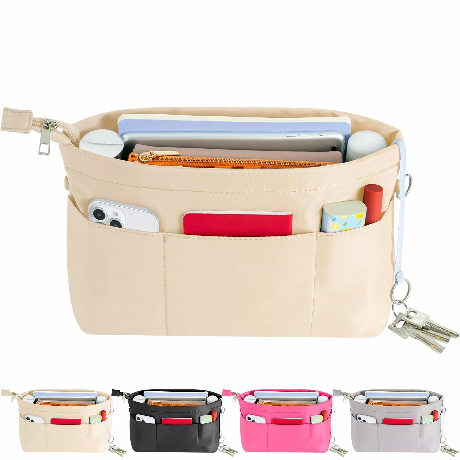 Organisateur de Sac à Main en Nylon pour Femmes, Bag In Bag Pochette de Rangement avec Fermeture éclaire, Beige