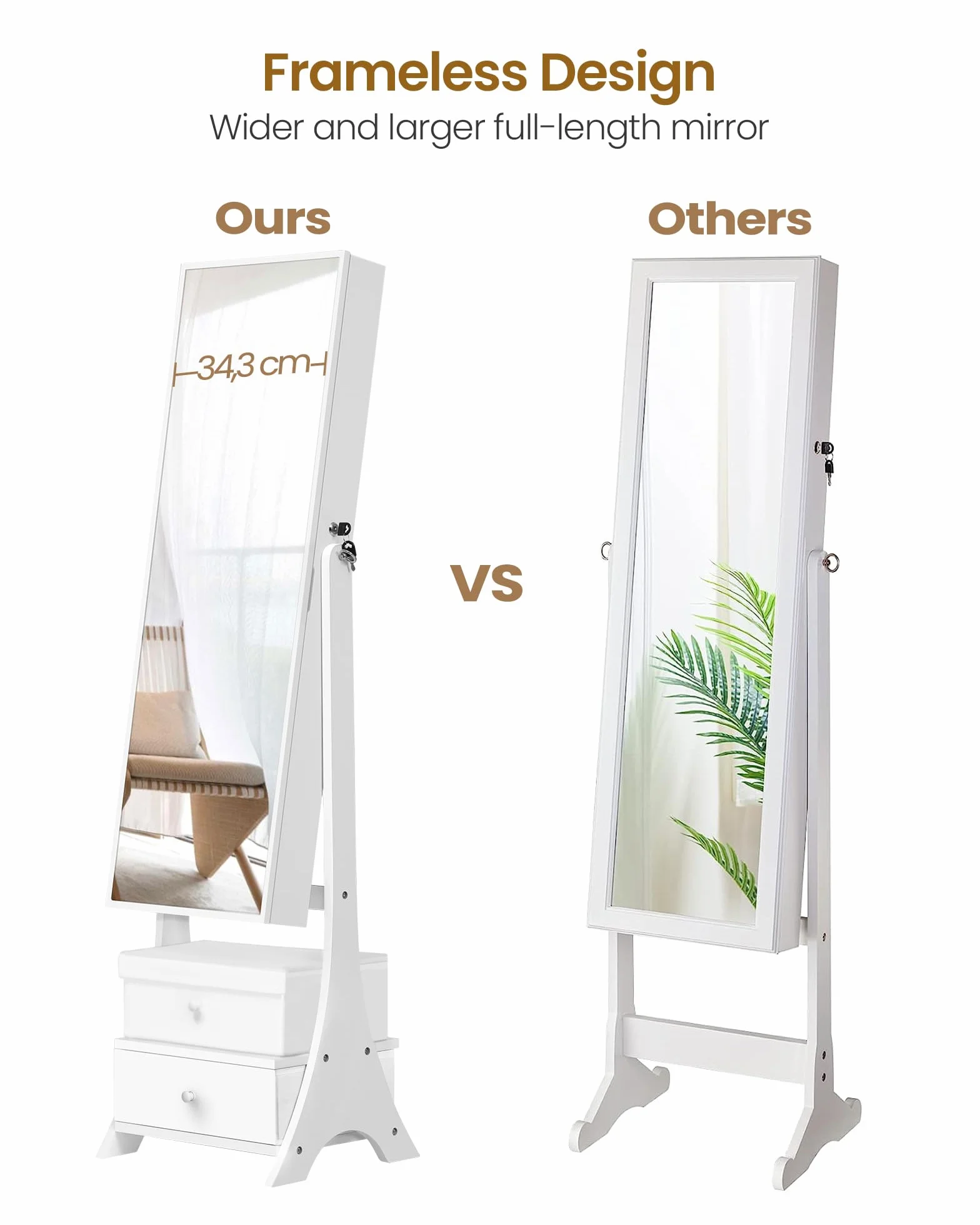 Hzuaneri Armoire à bijoux 108cm avec miroir sans cadre, 8 LEDs, 1 tiroir, 5 étagères, blanc et noir
