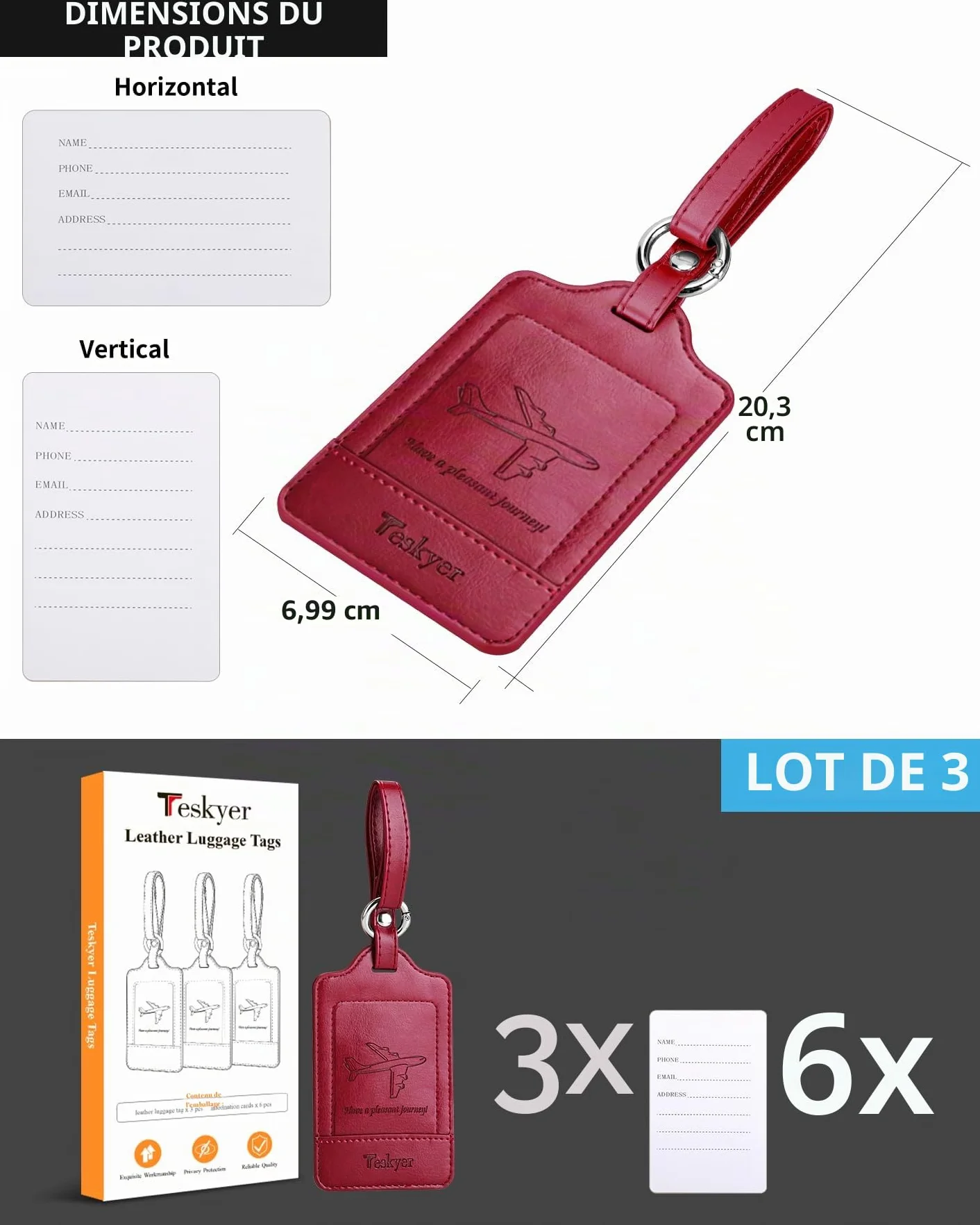 Teskyer 3 Pièces Etiquette Valise Cuir PU Voyage Avion Identification Protection Vie Privée