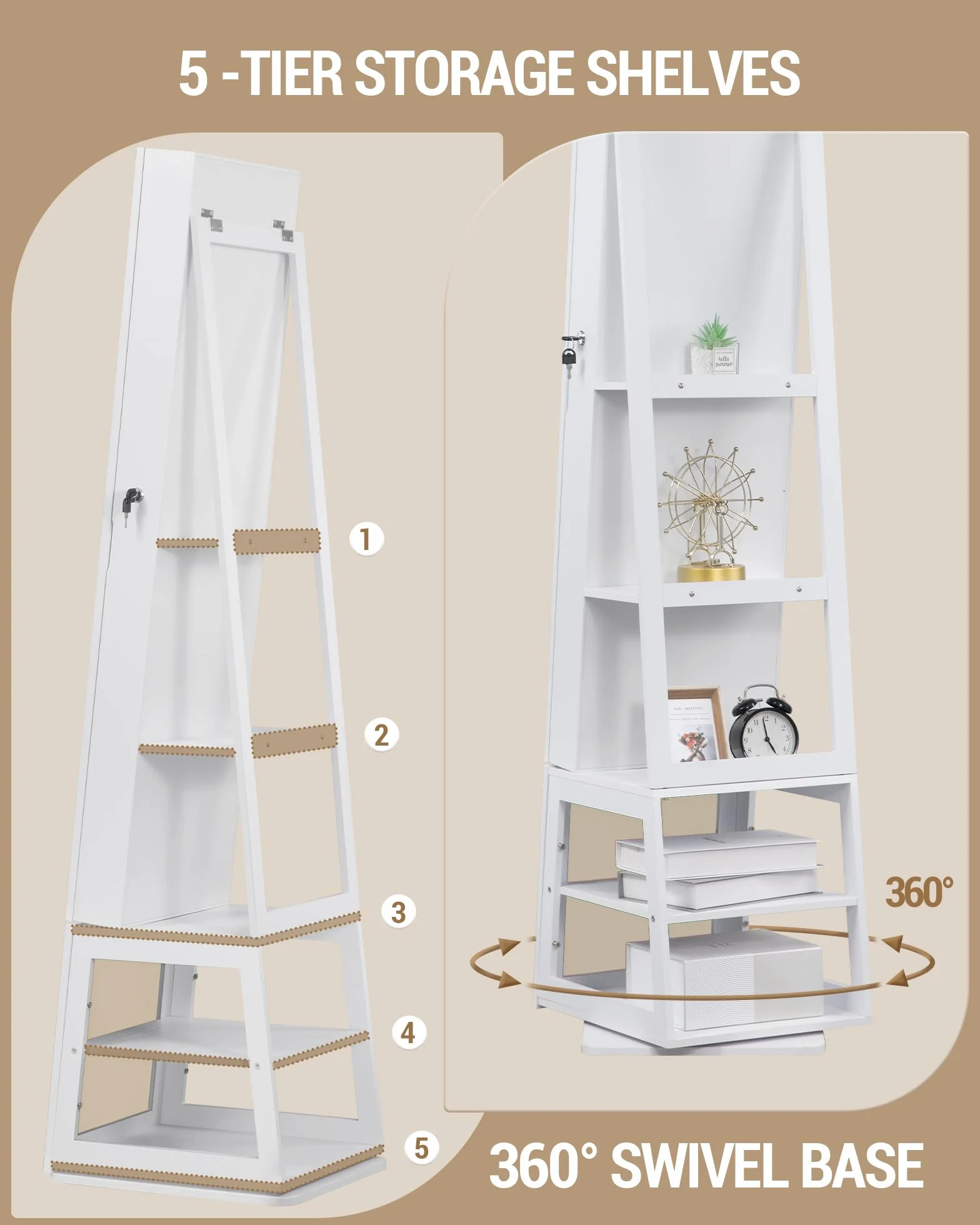 Armoire à bijoux 160cm avec LEDs, base rotative 360°, miroir verrouillable, Blanc et Beige