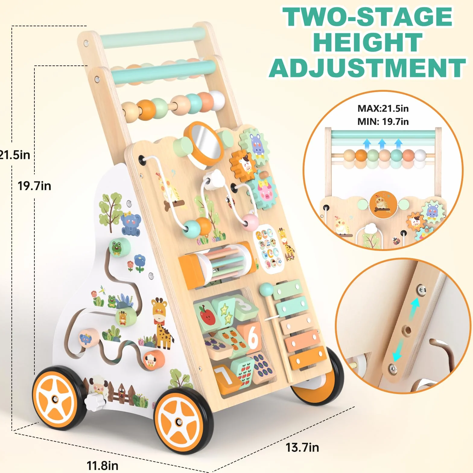 Trotteur en bois Montessori 12+ mois avec centre d'activités, labyrinthe à perles, trieur de formes, xylophone et jeu de pêche