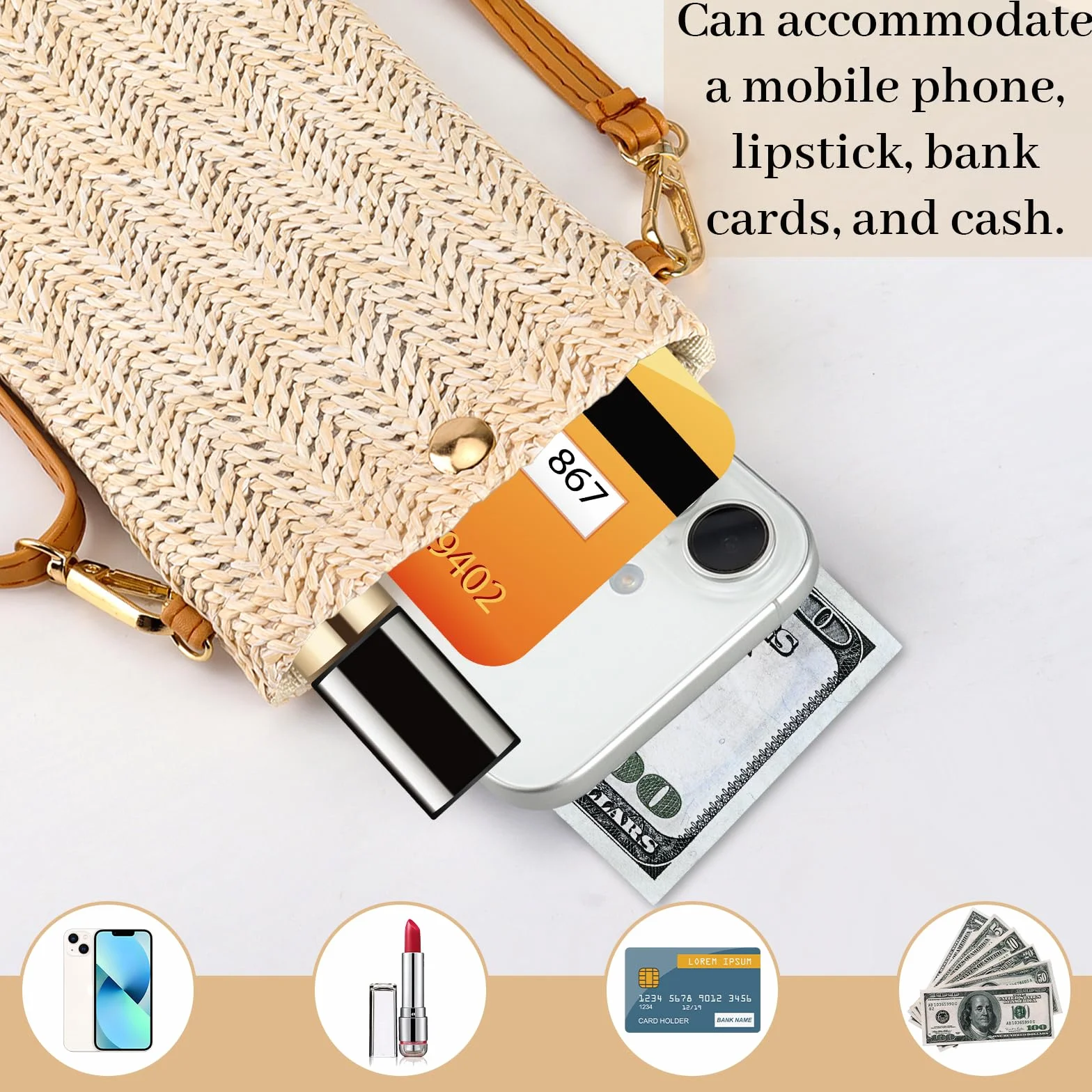 Sac à main réglable en paille pour femme, pochette téléphone portable bandoulière