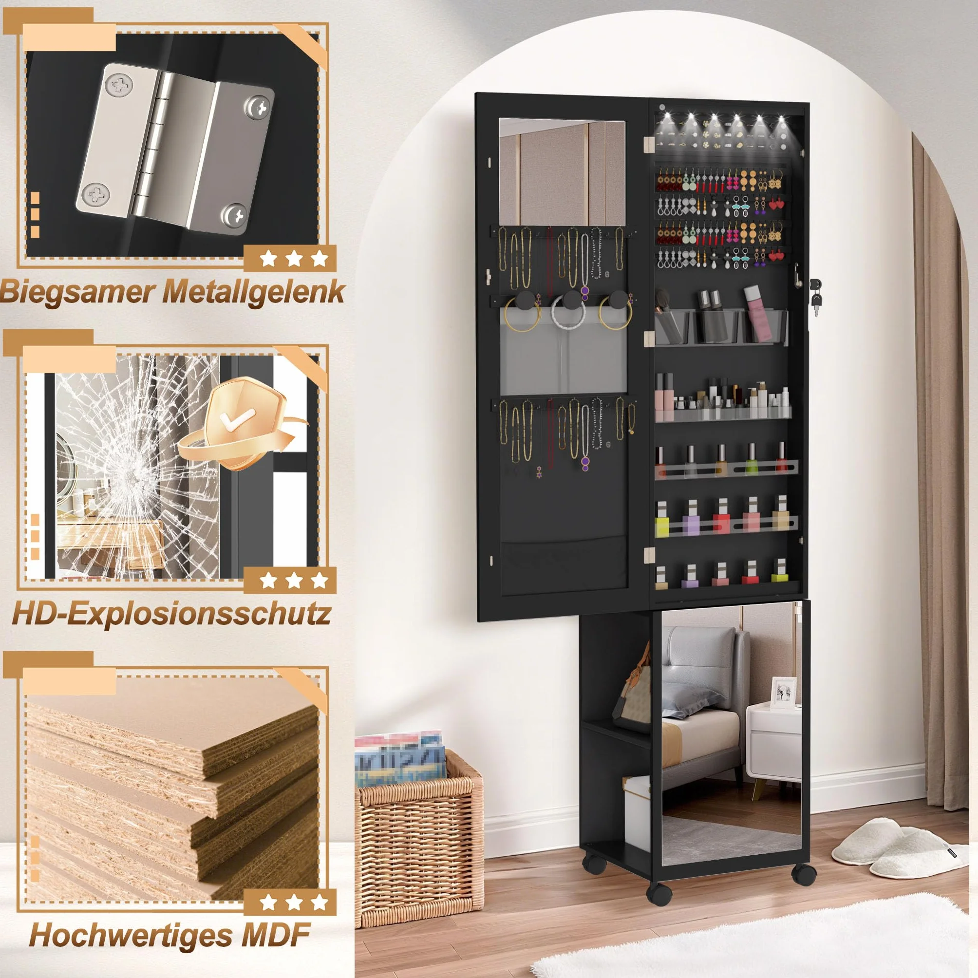 LZQ Armoire à bijoux avec miroir et lumières LED - Verrouillable - 36 x 40 x 170 cm - Noir